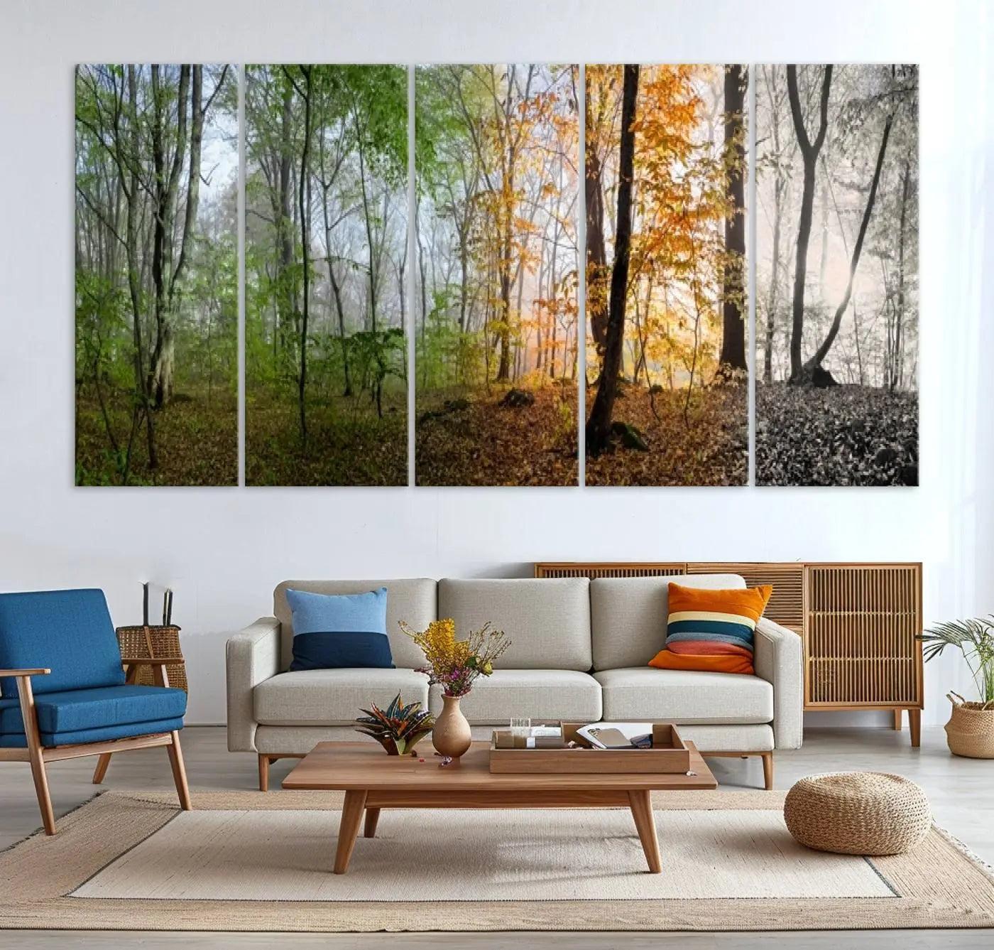 -Seasonal Forest Canvas Wall Art Print - Changing Seasons in Nature Triptych - Ready to Hang Woodland