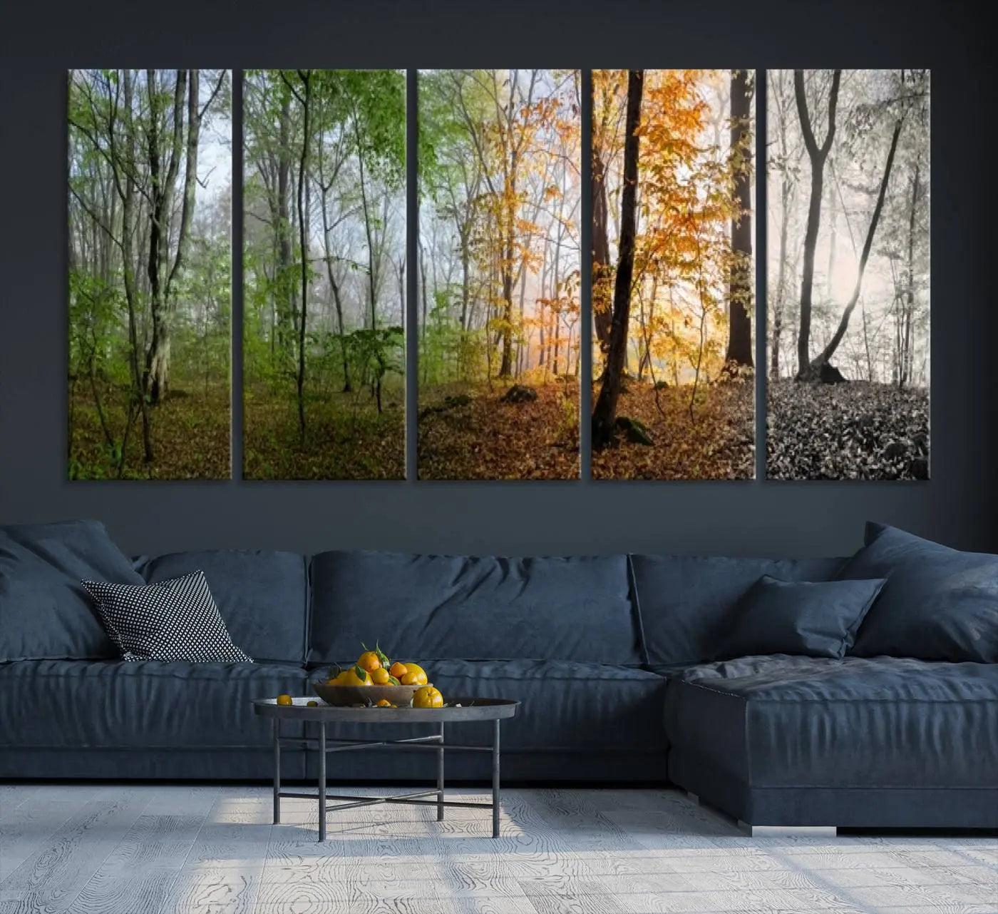 -Seasonal Forest Canvas Wall Art Print - Changing Seasons in Nature Triptych - Ready to Hang Woodland