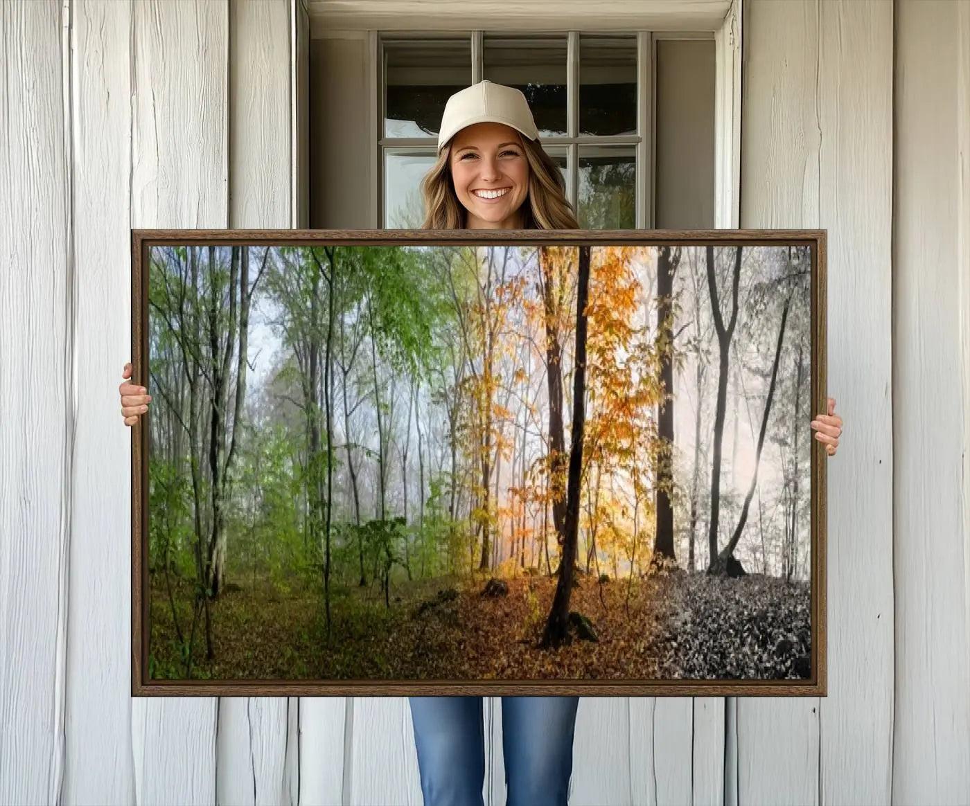 -Seasonal Forest Canvas Wall Art Print - Changing Seasons in Nature Triptych - Ready to Hang Woodland