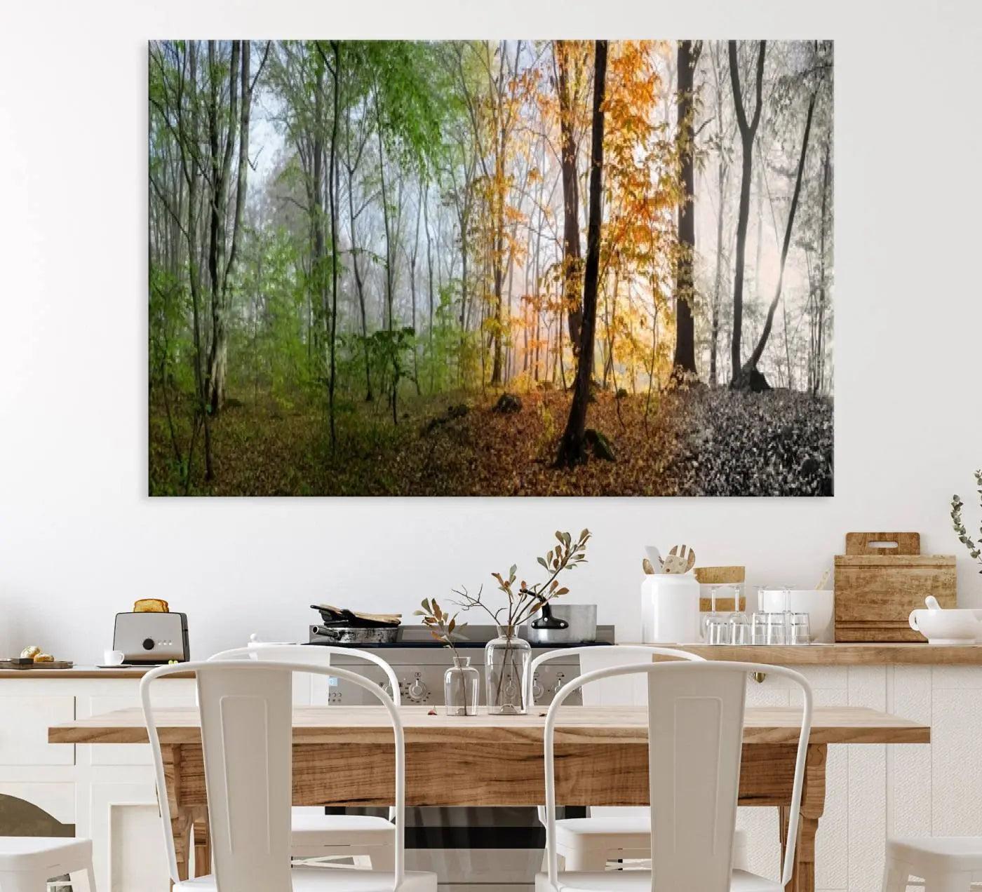-Seasonal Forest Canvas Wall Art Print - Changing Seasons in Nature Triptych - Ready to Hang Woodland