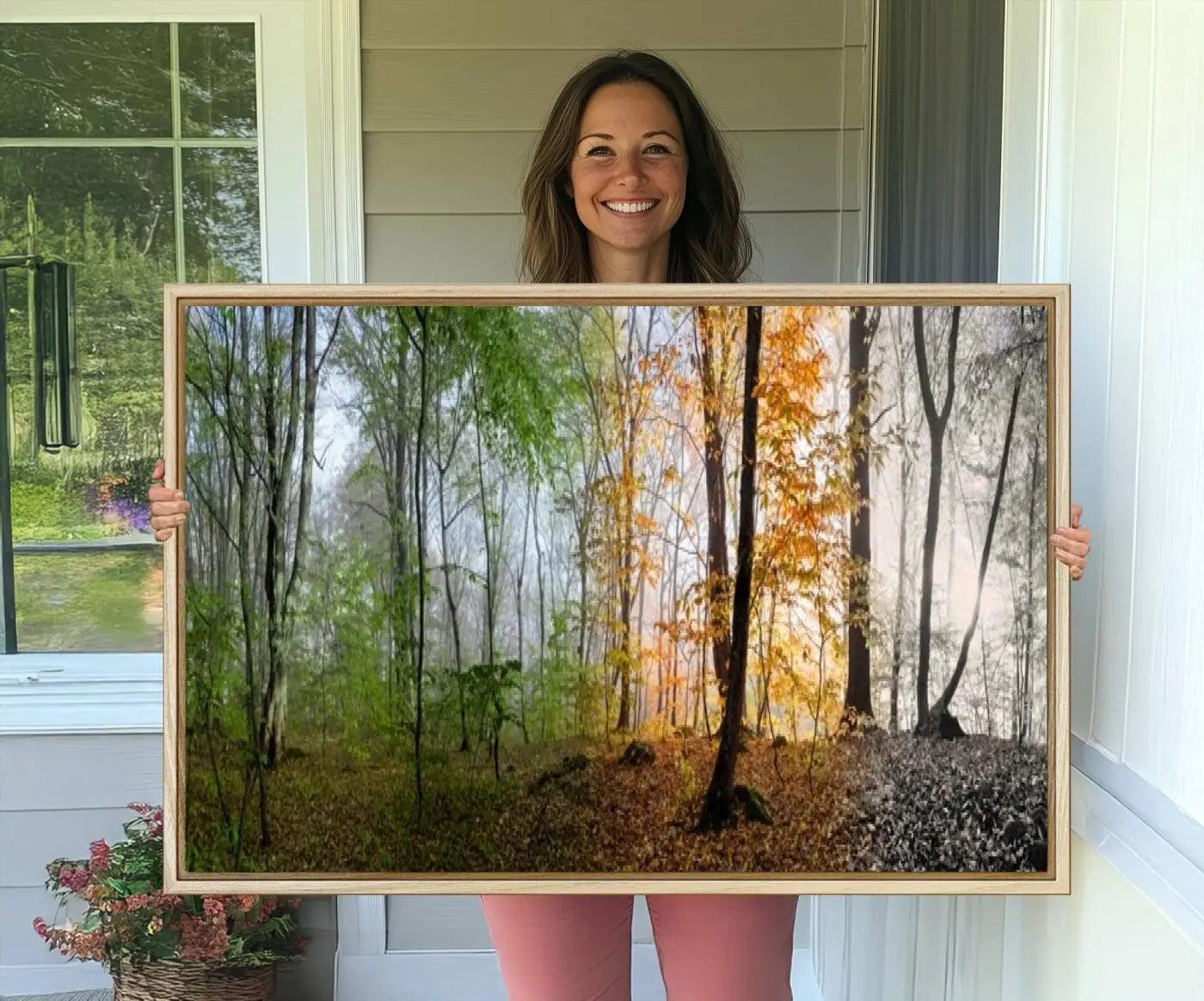 -Seasonal Forest Canvas Wall Art Print - Changing Seasons in Nature Triptych - Ready to Hang Woodland
