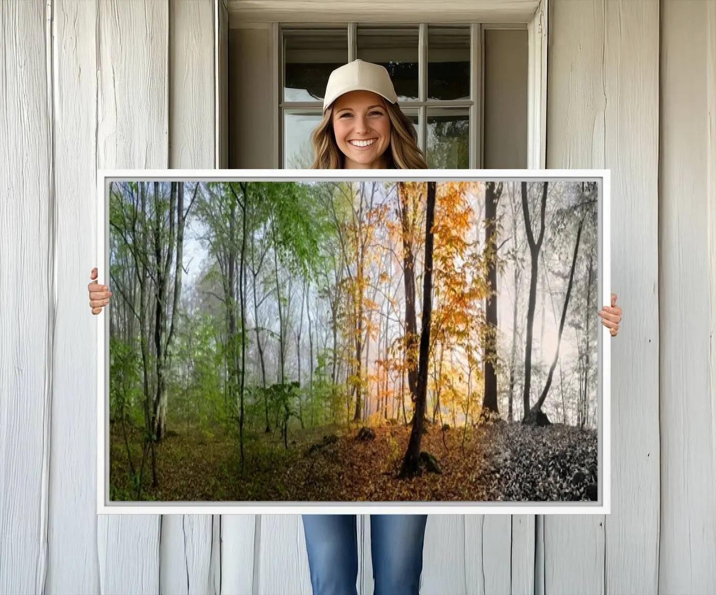 -Seasonal Forest Canvas Wall Art Print - Changing Seasons in Nature Triptych - Ready to Hang Woodland