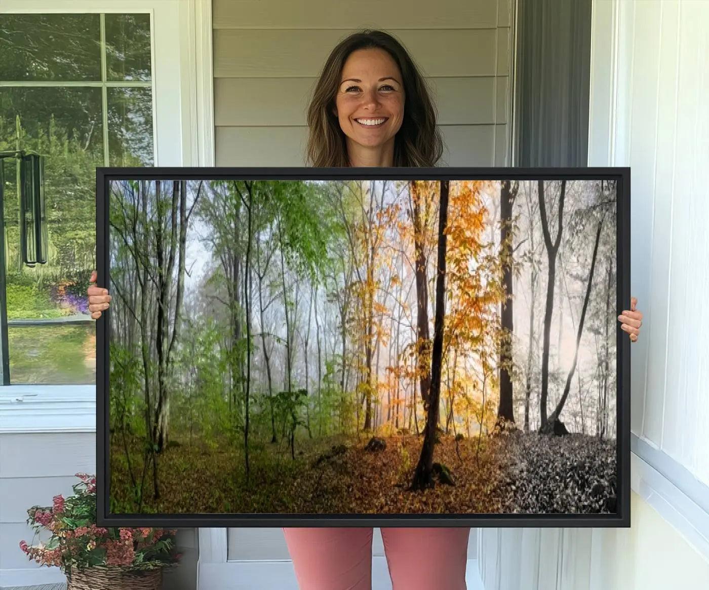 -Seasonal Forest Canvas Wall Art Print - Changing Seasons in Nature Triptych - Ready to Hang Woodland