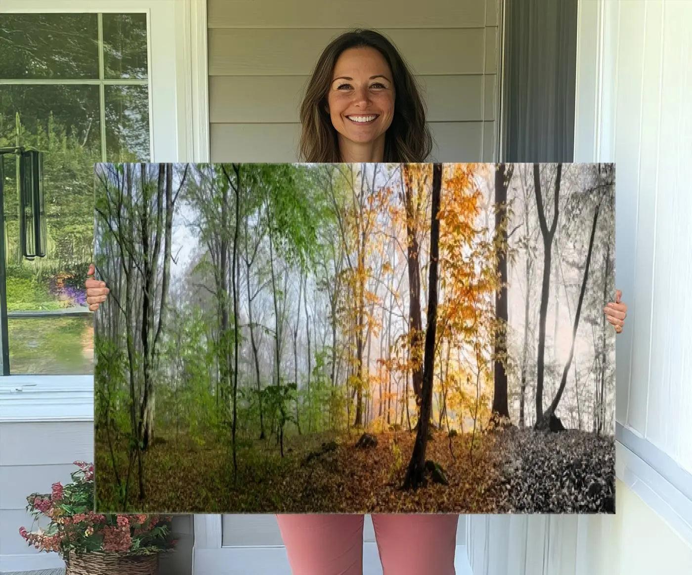 -Seasonal Forest Canvas Wall Art Print - Changing Seasons in Nature Triptych - Ready to Hang Woodland