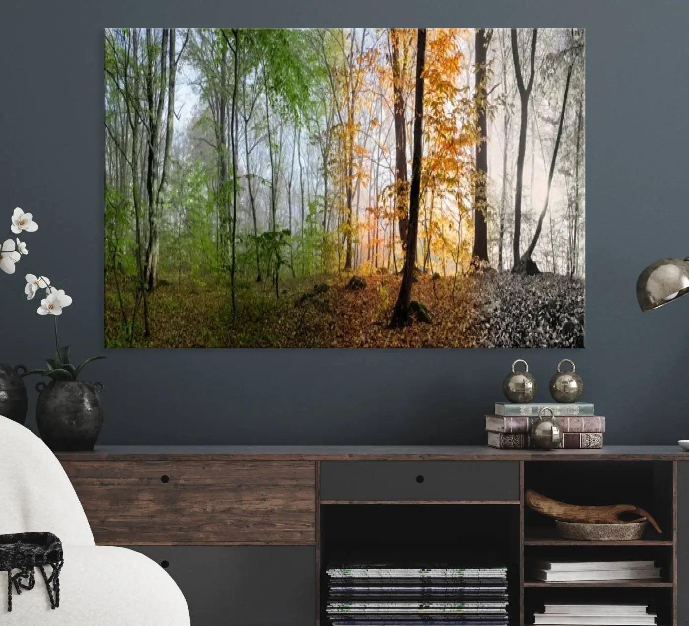 -Seasonal Forest Canvas Wall Art Print - Changing Seasons in Nature Triptych - Ready to Hang Woodland