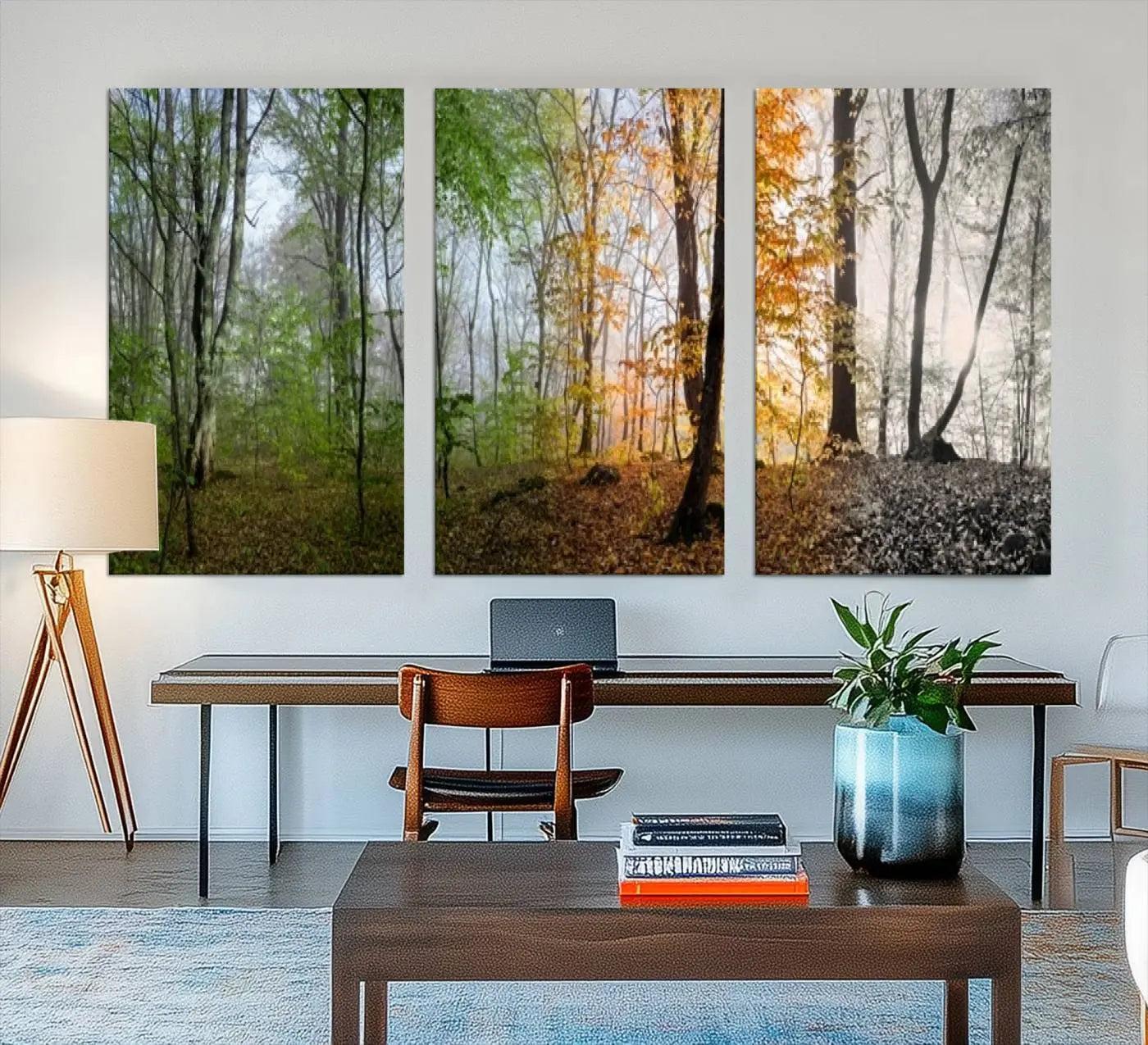 14331-MGV-CV-48X32-3P-Seasonal Forest Canvas Wall Art Print - Changing Seasons in Nature Triptych - Ready to Hang Woodland