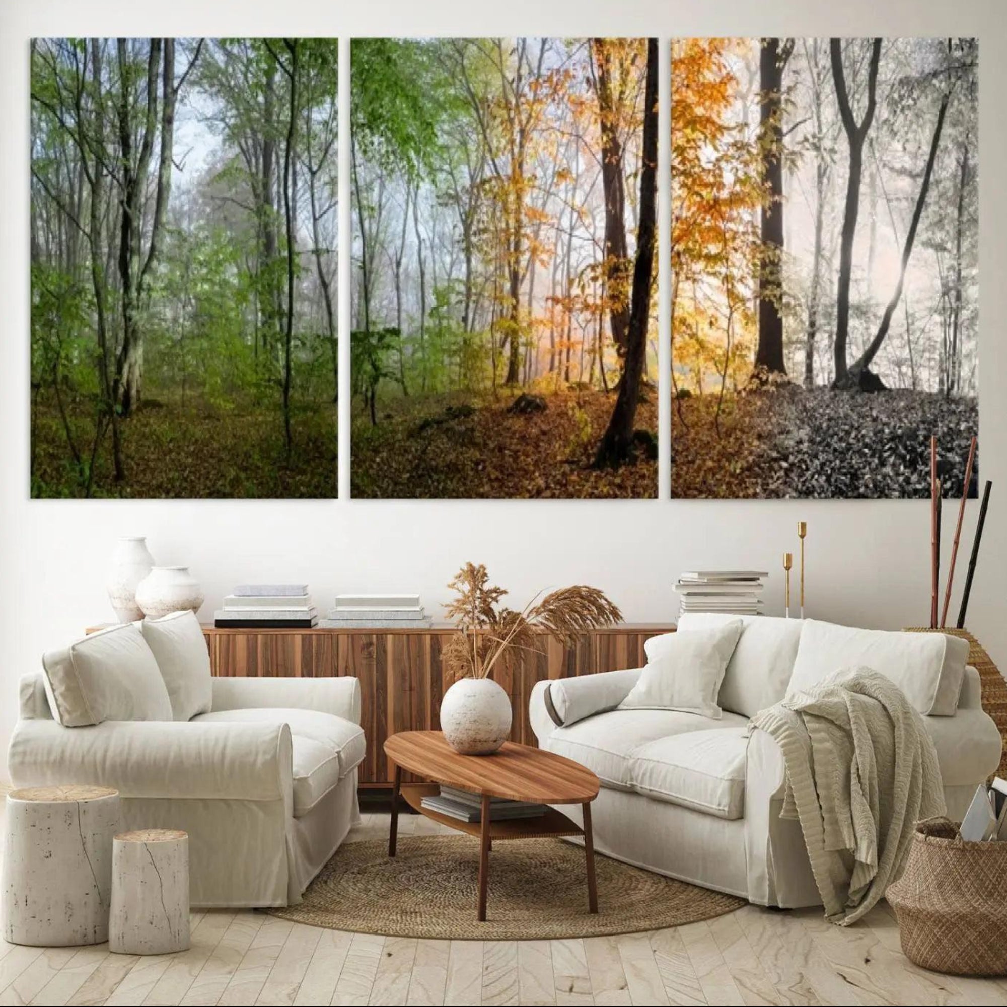 14331-MGV-CV-60X30-3P-Seasonal Forest Canvas Wall Art Print - Changing Seasons in Nature Triptych - Ready to Hang Woodland