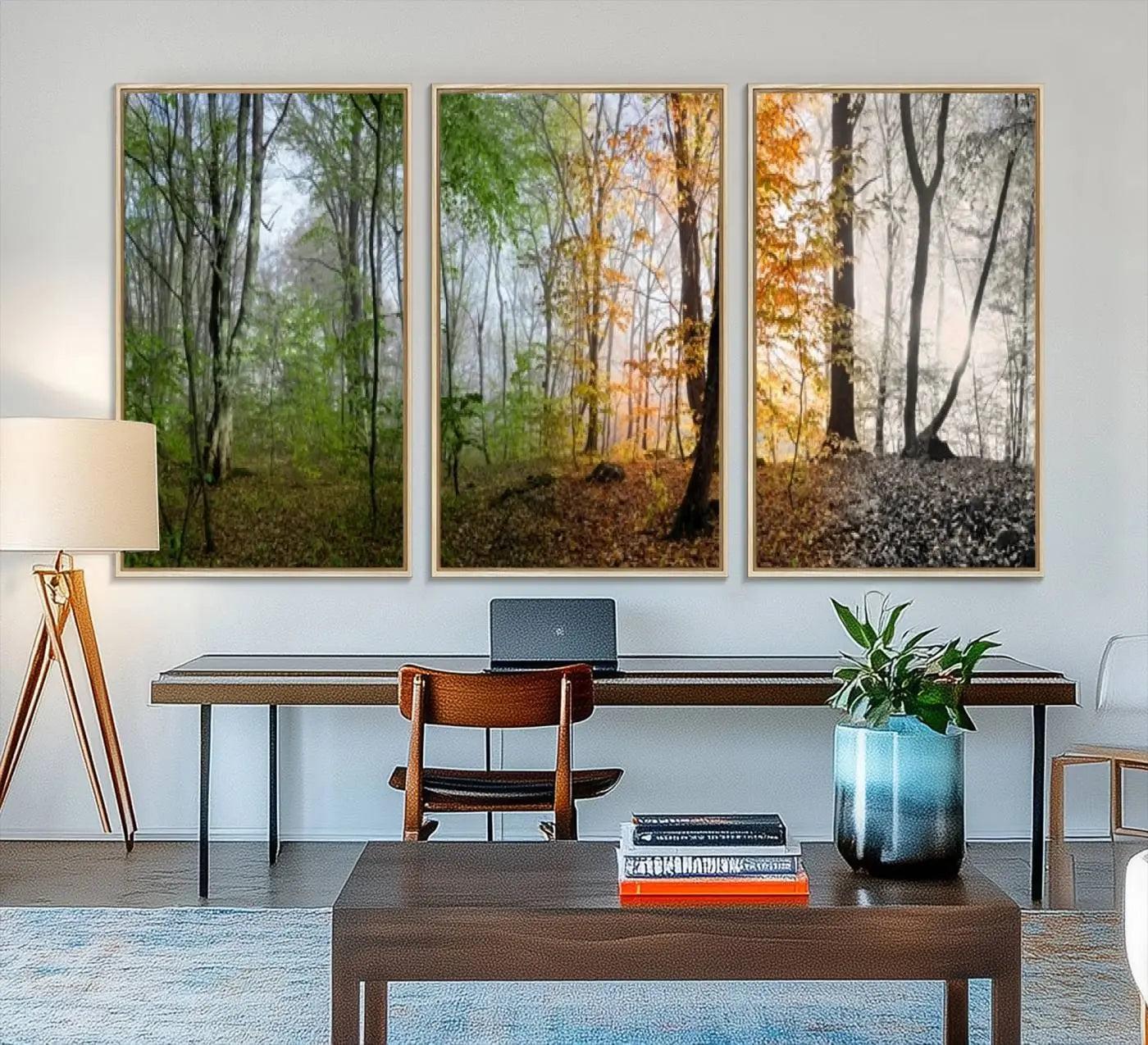 14331-MGV-FC-48X32-3P_Natural-Seasonal Forest Canvas Wall Art Print - Changing Seasons in Nature Triptych - Ready to Hang Woodland