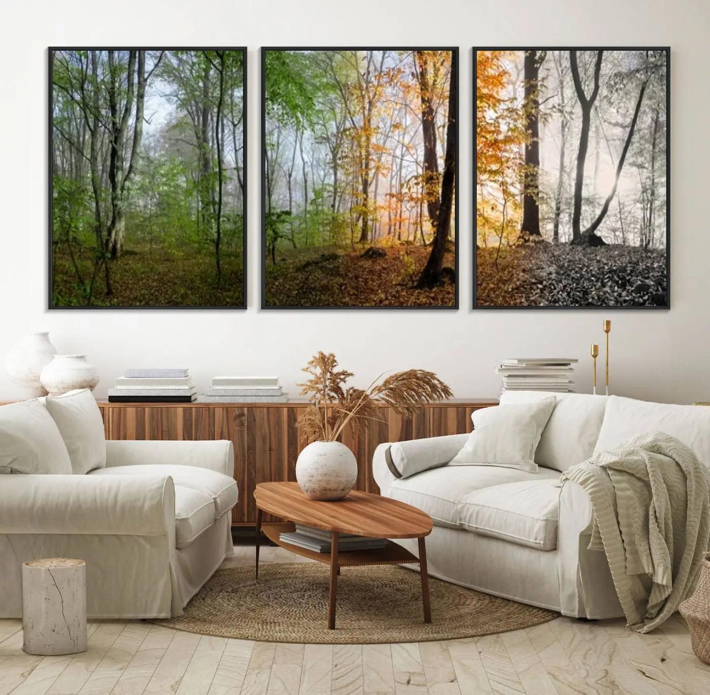 14331-MGV-FC-60X30-3P_Black-Seasonal Forest Canvas Wall Art Print - Changing Seasons in Nature Triptych - Ready to Hang Woodland