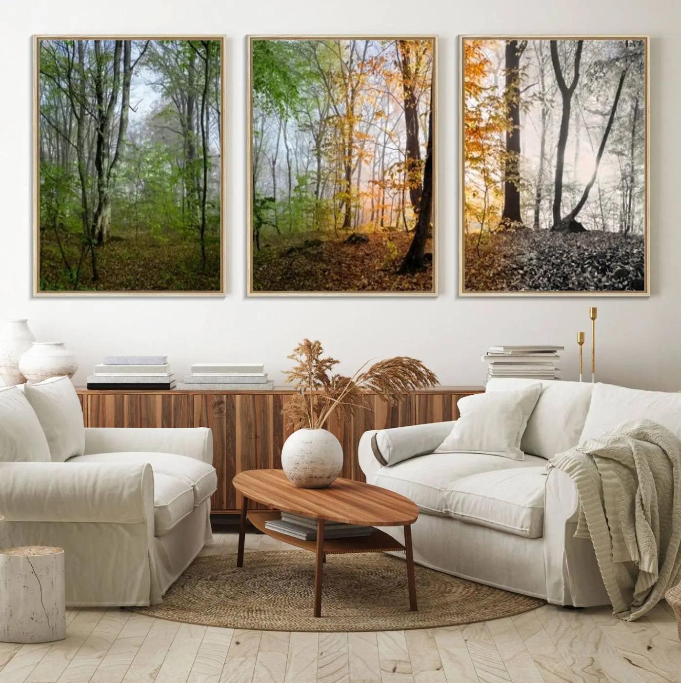 14331-MGV-FC-60X30-3P_Natural-Seasonal Forest Canvas Wall Art Print - Changing Seasons in Nature Triptych - Ready to Hang Woodland