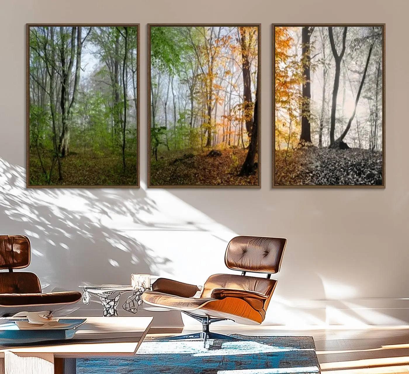 14331-MGV-FC-60X30-3P_Walnut-Seasonal Forest Canvas Wall Art Print - Changing Seasons in Nature Triptych - Ready to Hang Woodland