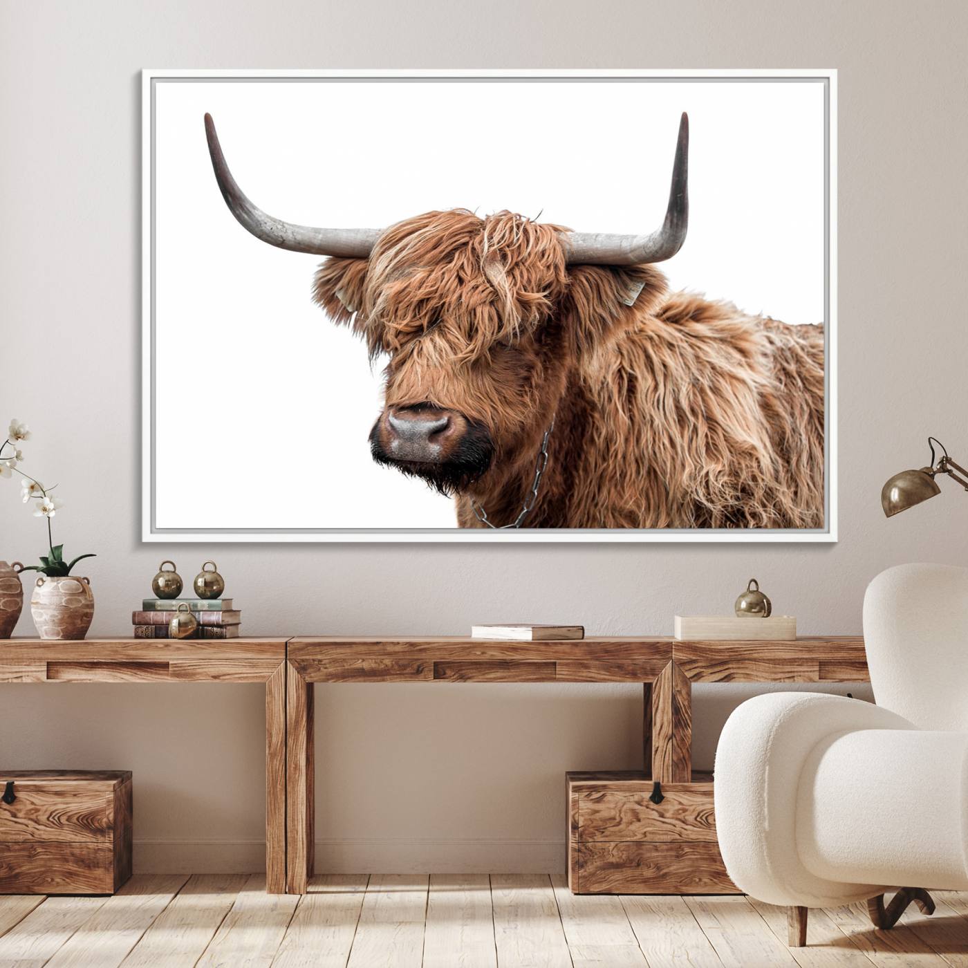 93864-MGV-FC-36X24_White-Self Portrait of Highland Cow Canvas, Cattle Wall Decor Wall Art Print