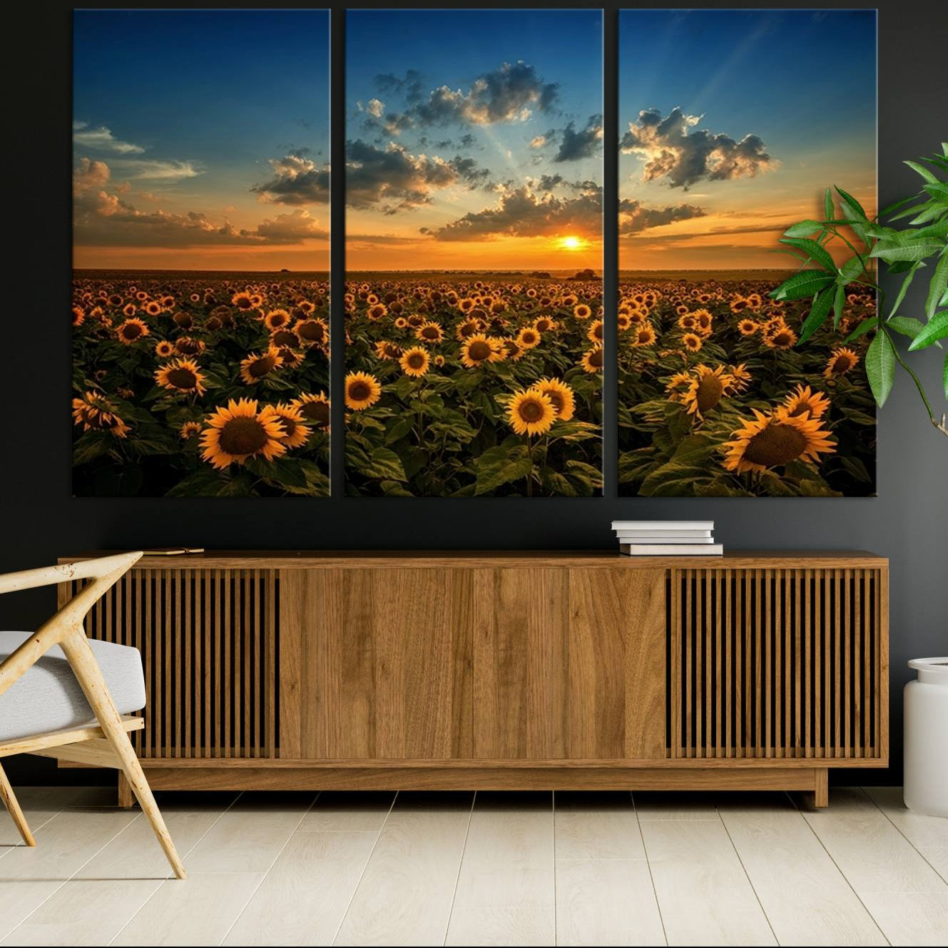55189-MGV-CV-36X24-Sunflower Field Sunset Wall Art Canvas Print Wall Artwork, Framed Sunflower Field Canvas