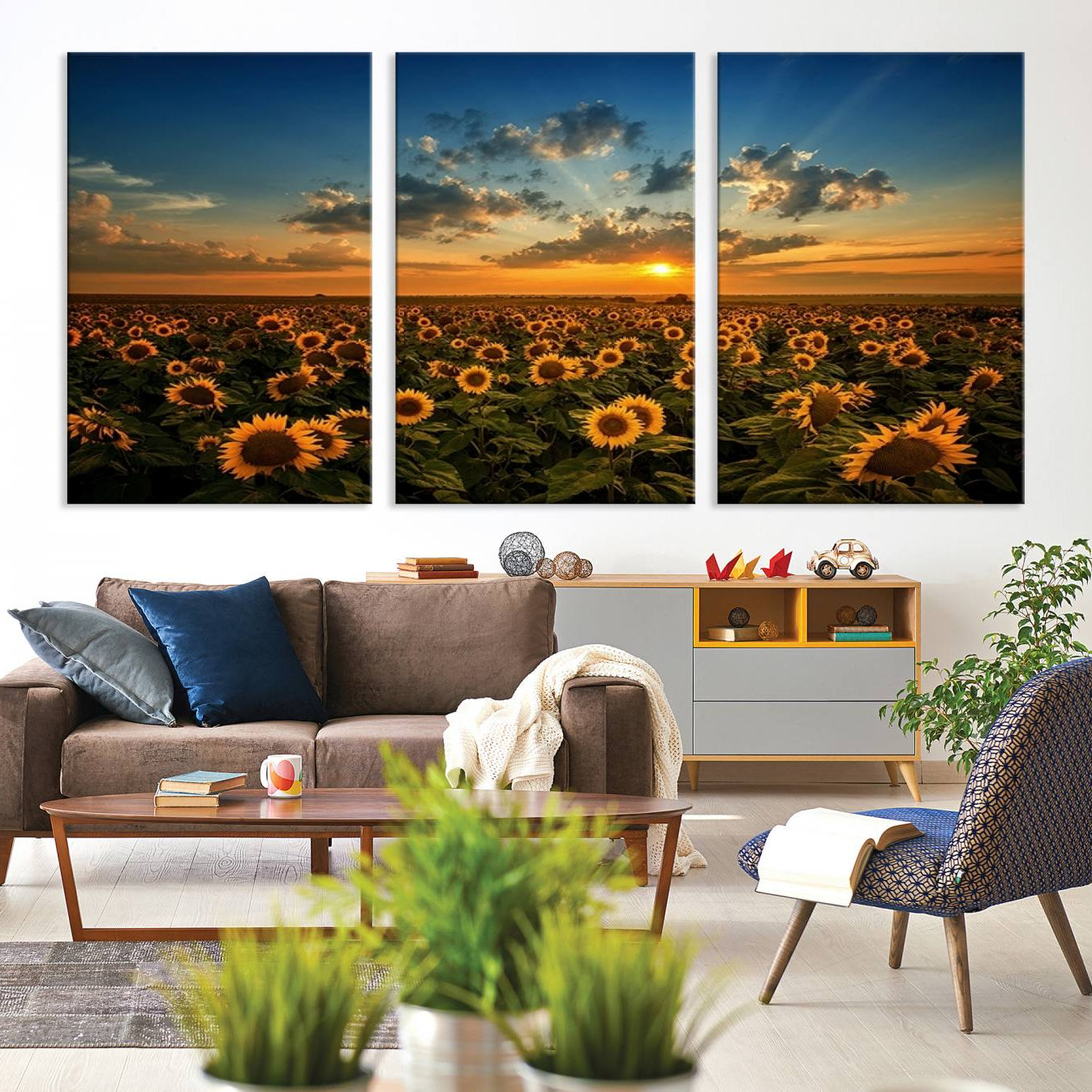 55189-MGV-CV-36X24-Sunflower Field Sunset Wall Art Canvas Print Wall Artwork, Framed Sunflower Field Canvas