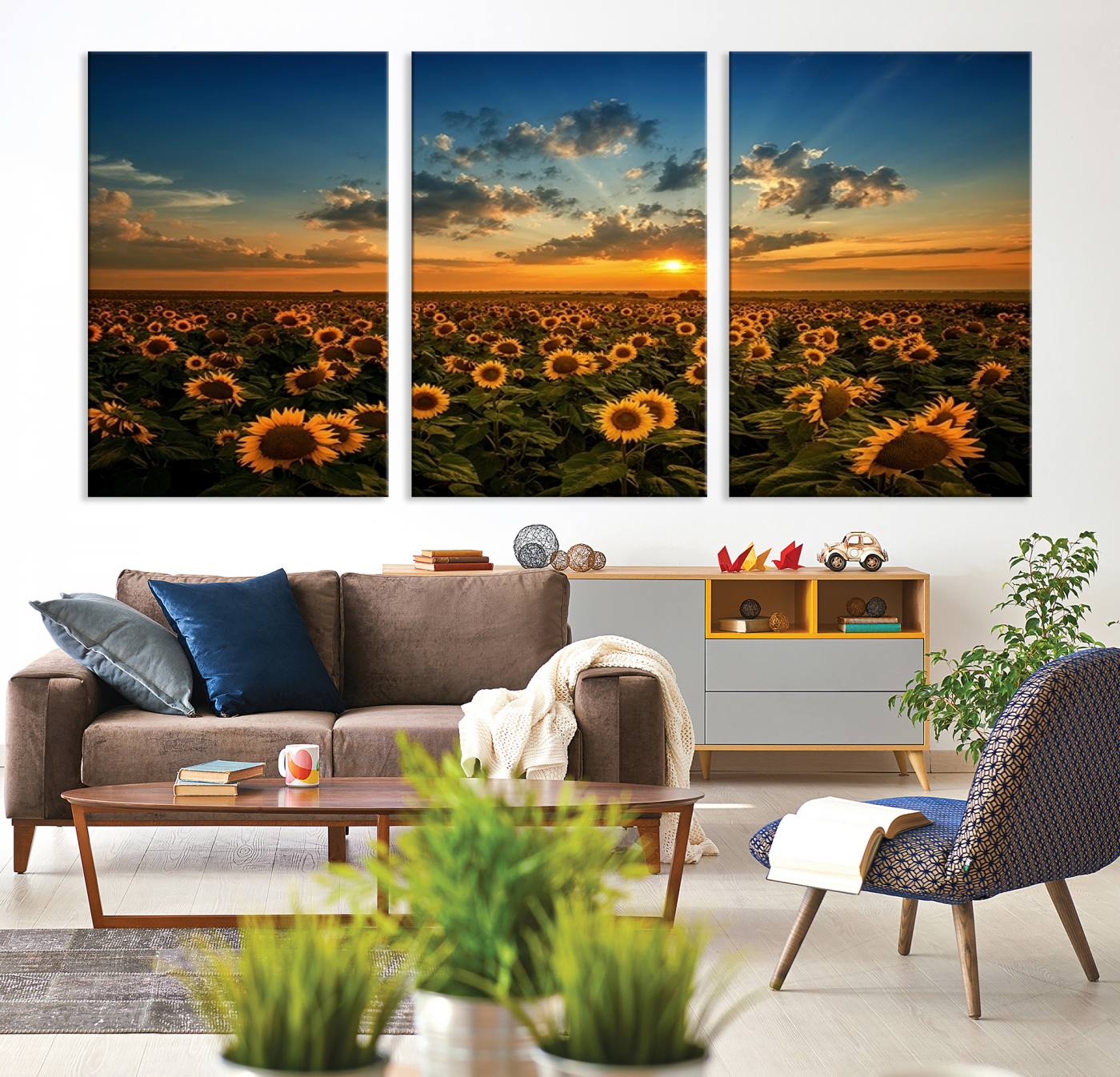 55189-MGV-CV-36X24-Sunflower Field Sunset Wall Art Canvas Print Wall Artwork, Framed Sunflower Field Canvas
