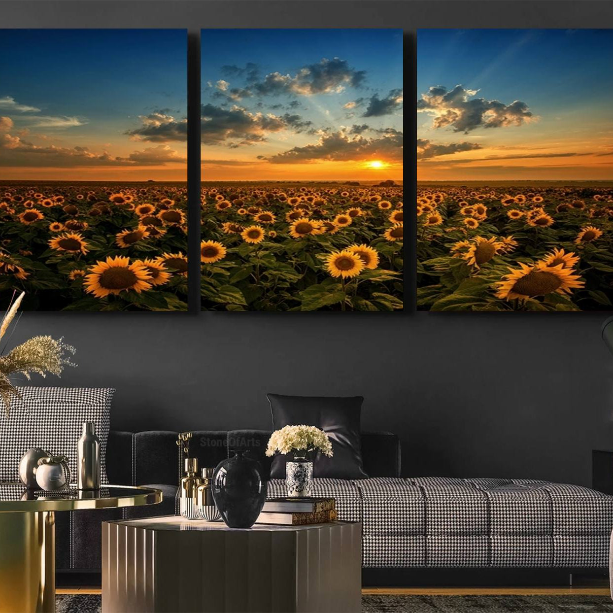 55189-MGV-CV-36X24-Sunflower Field Sunset Wall Art Canvas Print Wall Artwork, Framed Sunflower Field Canvas