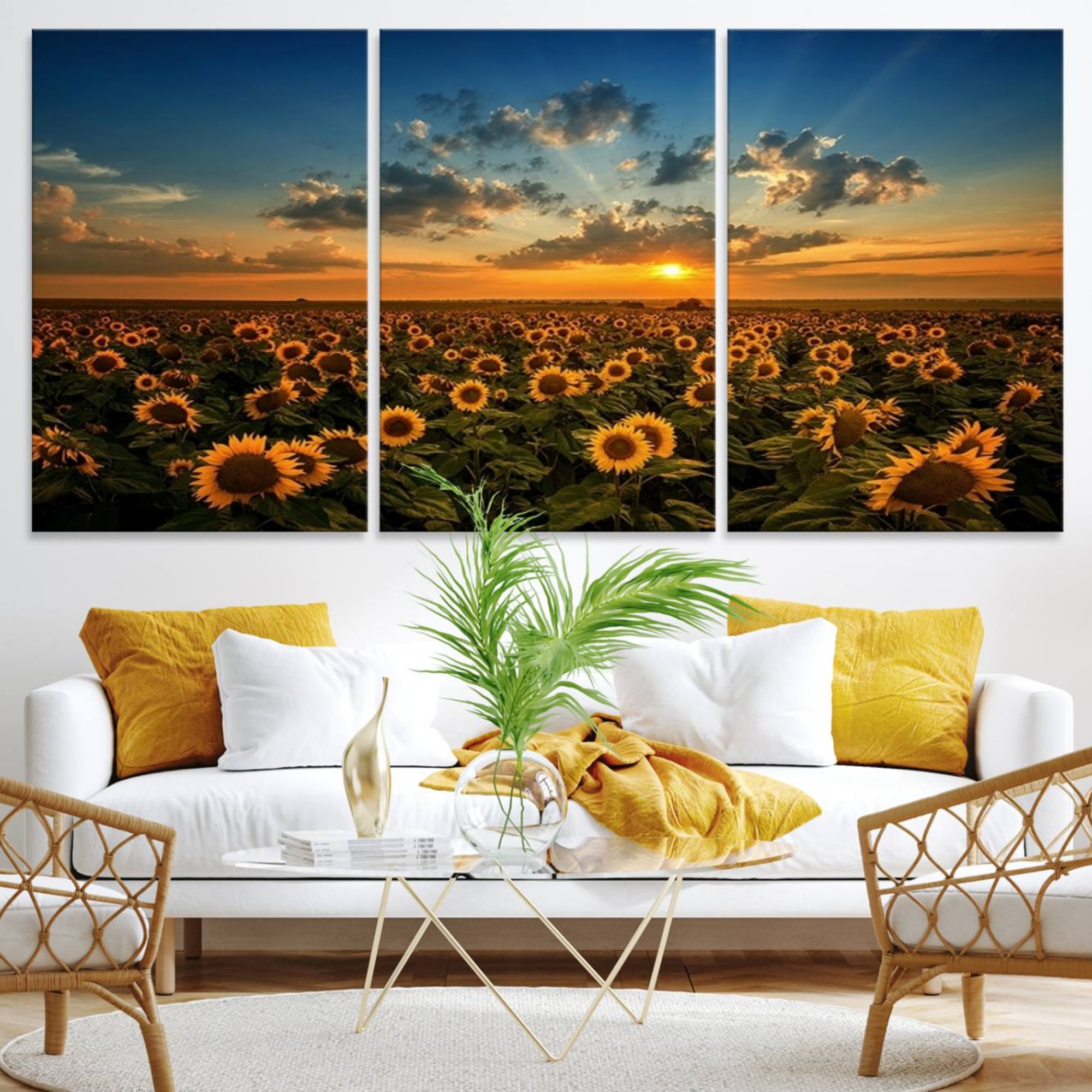 55189-MGV-CV-36X24-Sunflower Field Sunset Wall Art Canvas Print Wall Artwork, Framed Sunflower Field Canvas