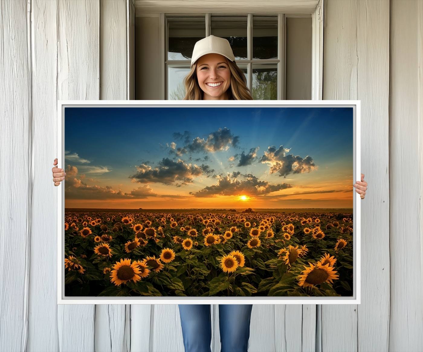 -Sunflower Field Sunset Wall Art Canvas Print Wall Artwork, Framed Sunflower Field Canvas