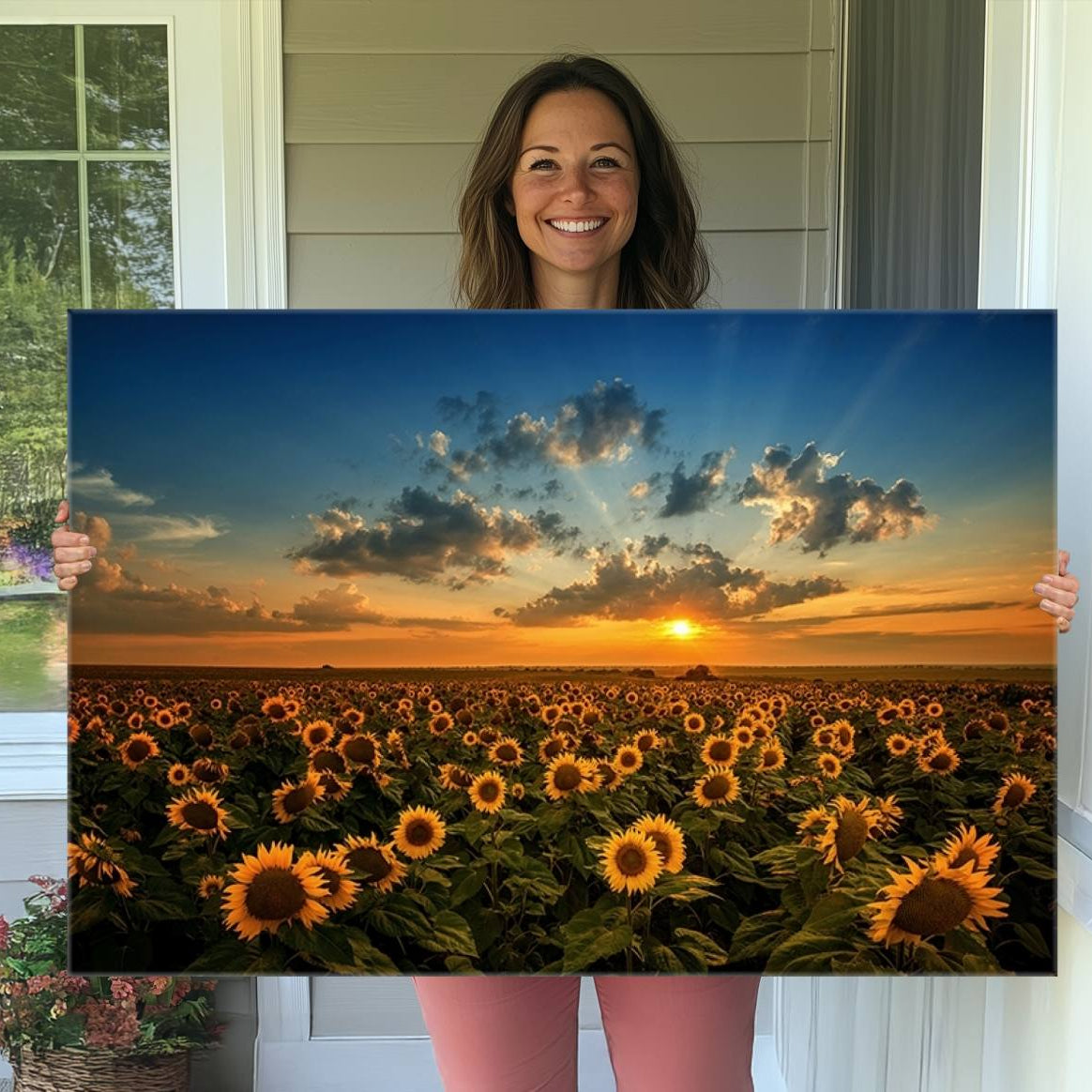 55189-MGV-CV-36X24-Sunflower Field Sunset Wall Art Canvas Print Wall Artwork, Framed Sunflower Field Canvas