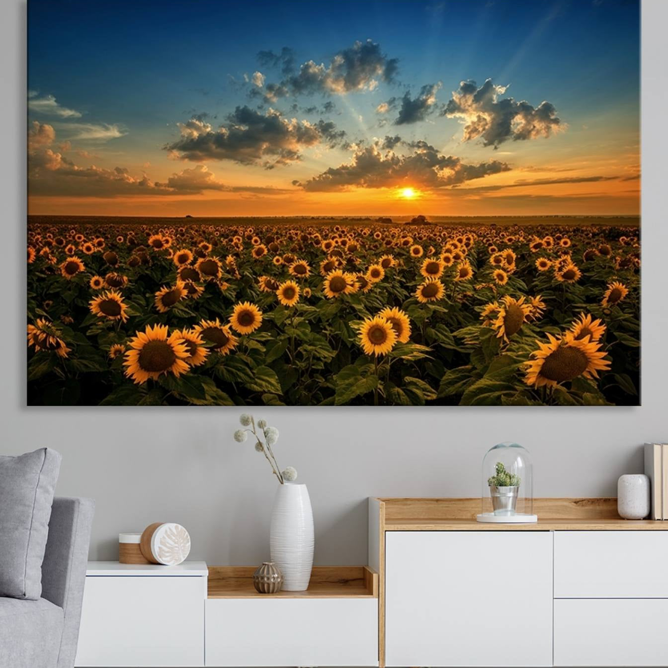 55189-MGV-CV-36X24-Sunflower Field Sunset Wall Art Canvas Print Wall Artwork, Framed Sunflower Field Canvas