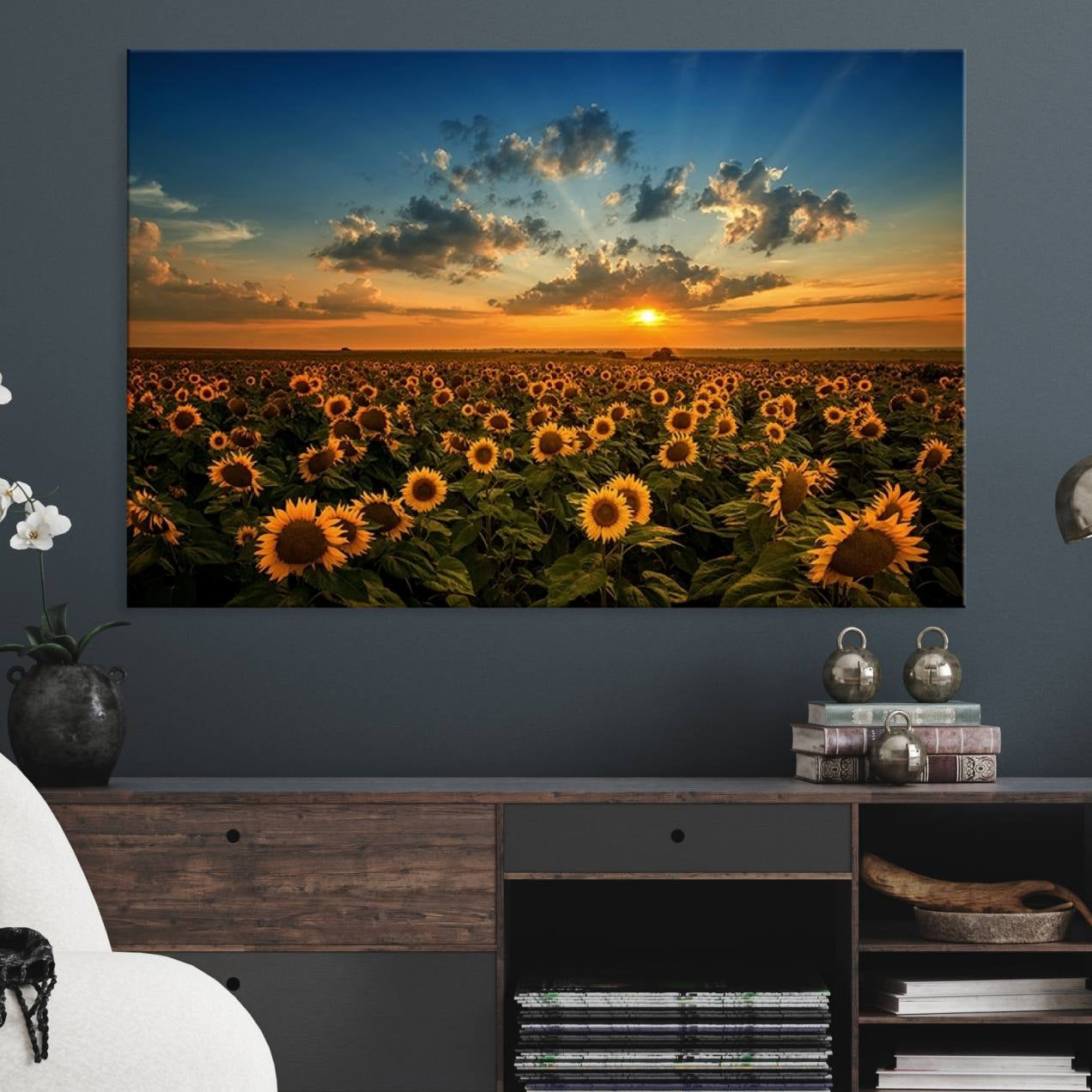 55189-MGV-CV-36X24-Sunflower Field Sunset Wall Art Canvas Print Wall Artwork, Framed Sunflower Field Canvas