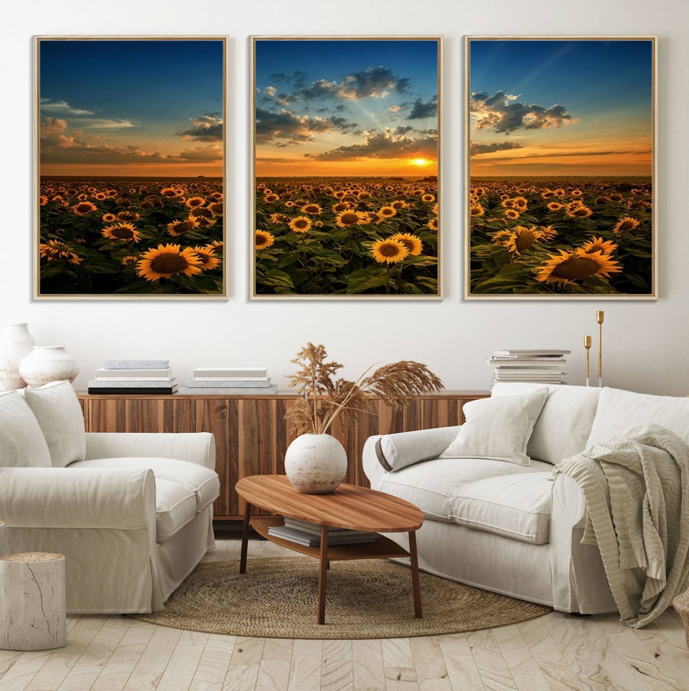 55189-MGV-FC-60X30-3P_Natural-Sunflower Field Sunset Wall Art Canvas Print Wall Artwork, Framed Sunflower Field Canvas