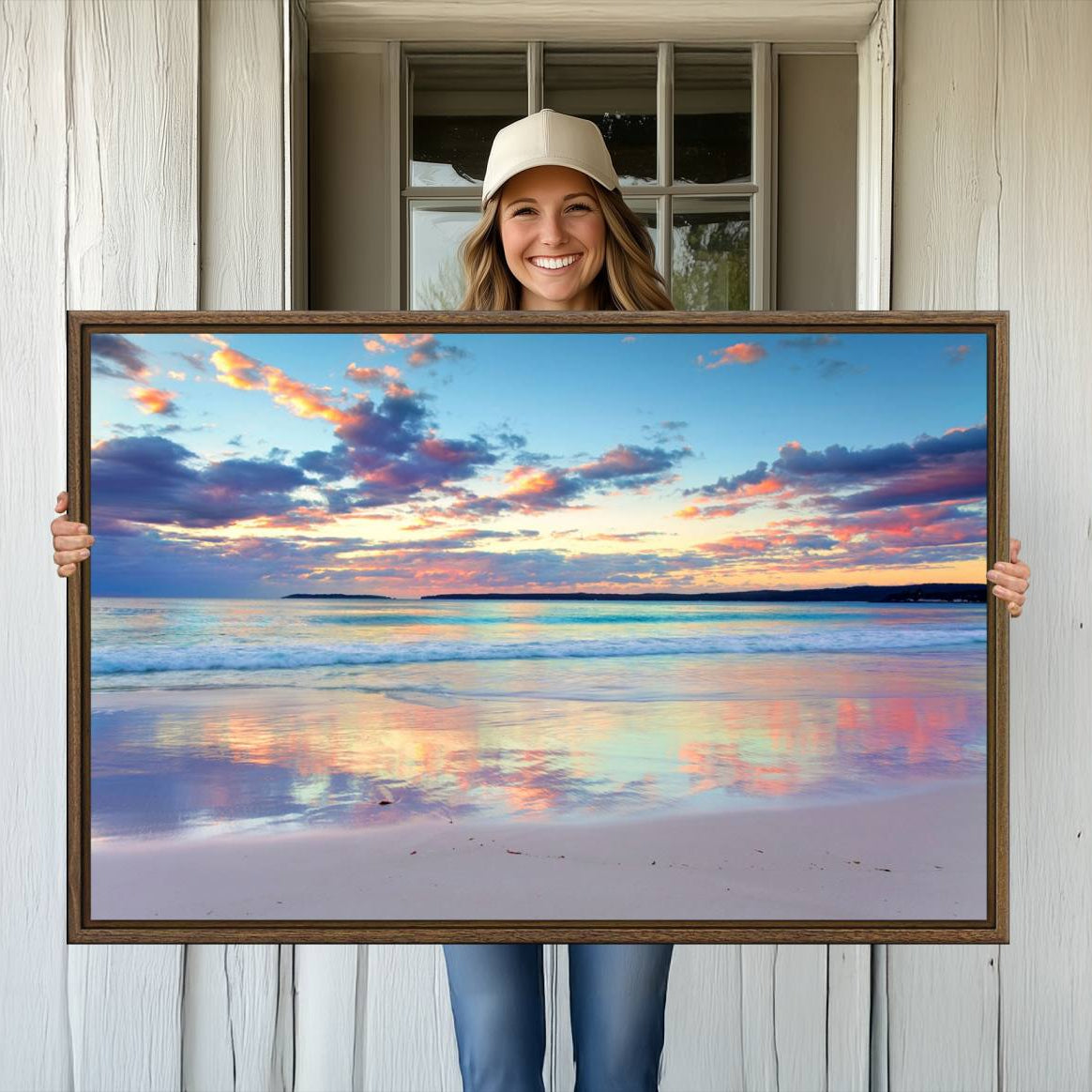 -Sunset Beach Canvas Wall Art – Colorful Ocean Waves Canvas – Coastal Decor for Living Room or
