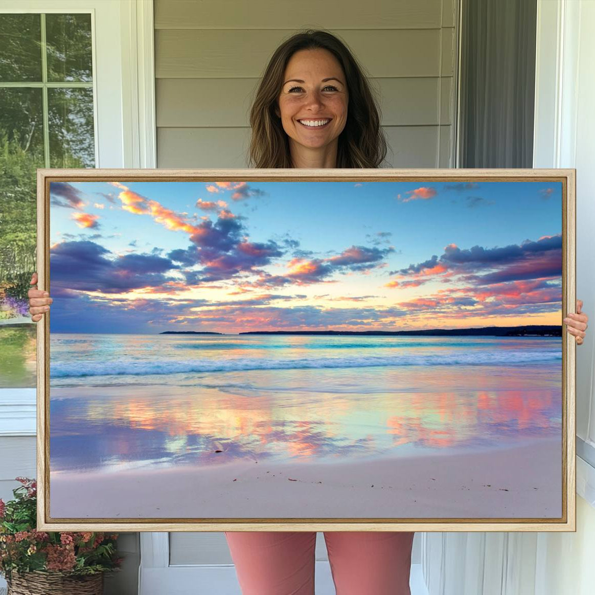 -Sunset Beach Canvas Wall Art – Colorful Ocean Waves Canvas – Coastal Decor for Living Room or
