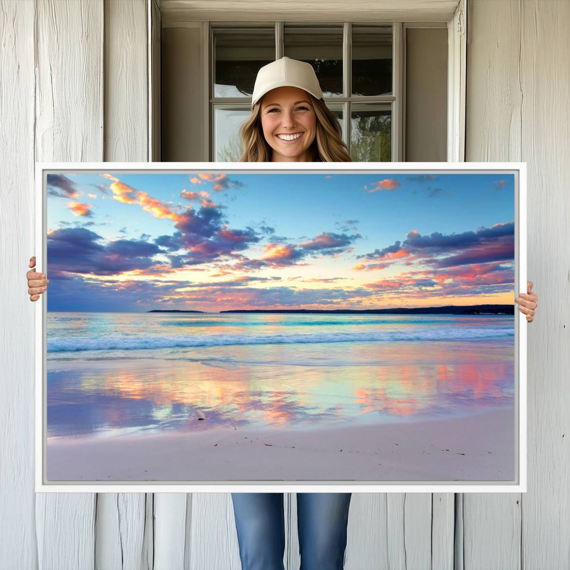-Sunset Beach Canvas Wall Art – Colorful Ocean Waves Canvas – Coastal Decor for Living Room or
