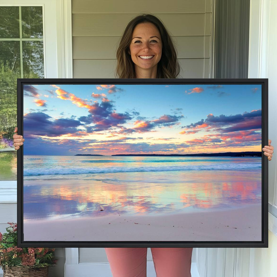 -Sunset Beach Canvas Wall Art – Colorful Ocean Waves Canvas – Coastal Decor for Living Room or