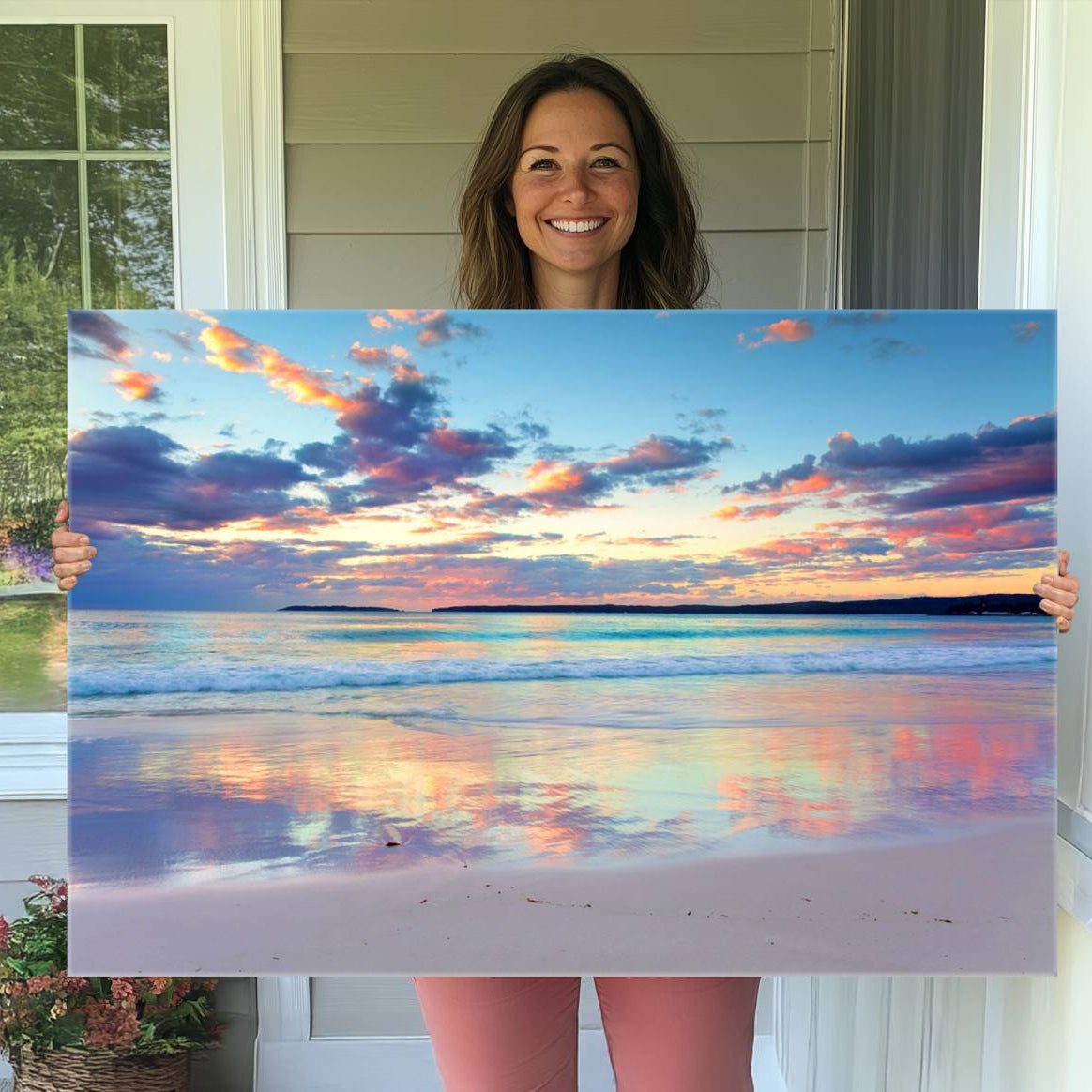 -Sunset Beach Canvas Wall Art – Colorful Ocean Waves Canvas – Coastal Decor for Living Room or