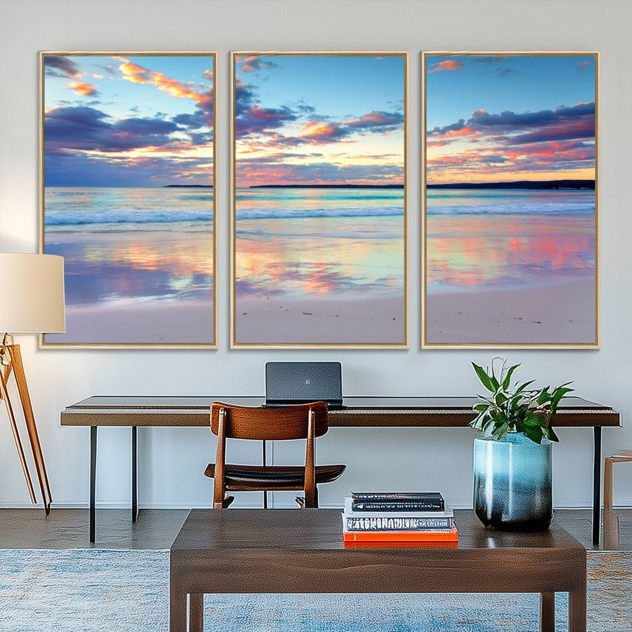 64882-MGV-FC-48X32-3P_Natural-Sunset Beach Canvas Wall Art – Colorful Ocean Waves Canvas – Coastal Decor for Living Room or
