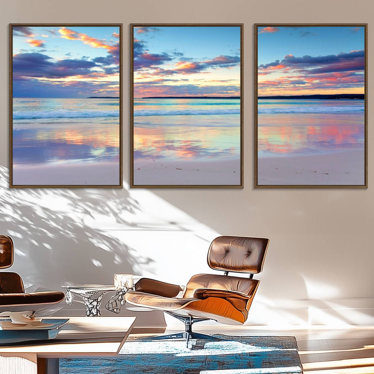 64882-MGV-FC-60X30-3P_Walnut-Sunset Beach Canvas Wall Art – Colorful Ocean Waves Canvas – Coastal Decor for Living Room or
