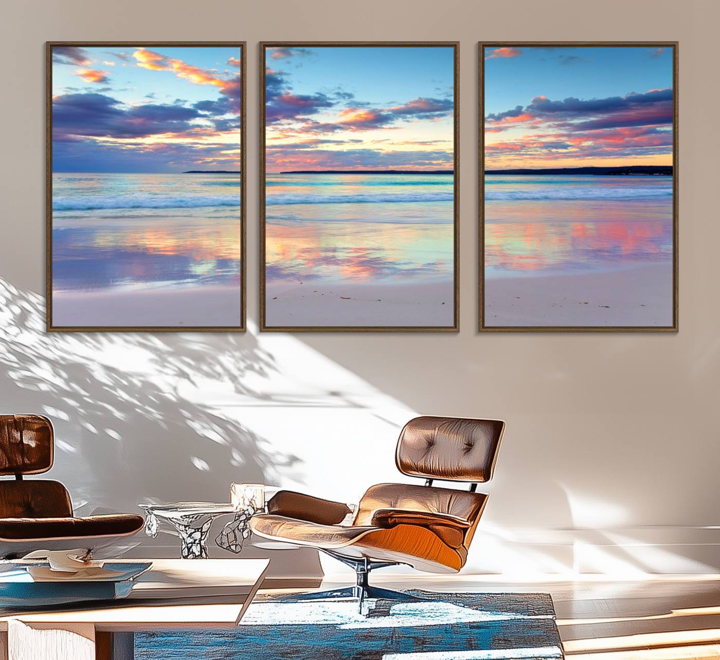 64882-MGV-FC-60X30-3P_Walnut-Sunset Beach Canvas Wall Art – Colorful Ocean Waves Canvas – Coastal Decor for Living Room or