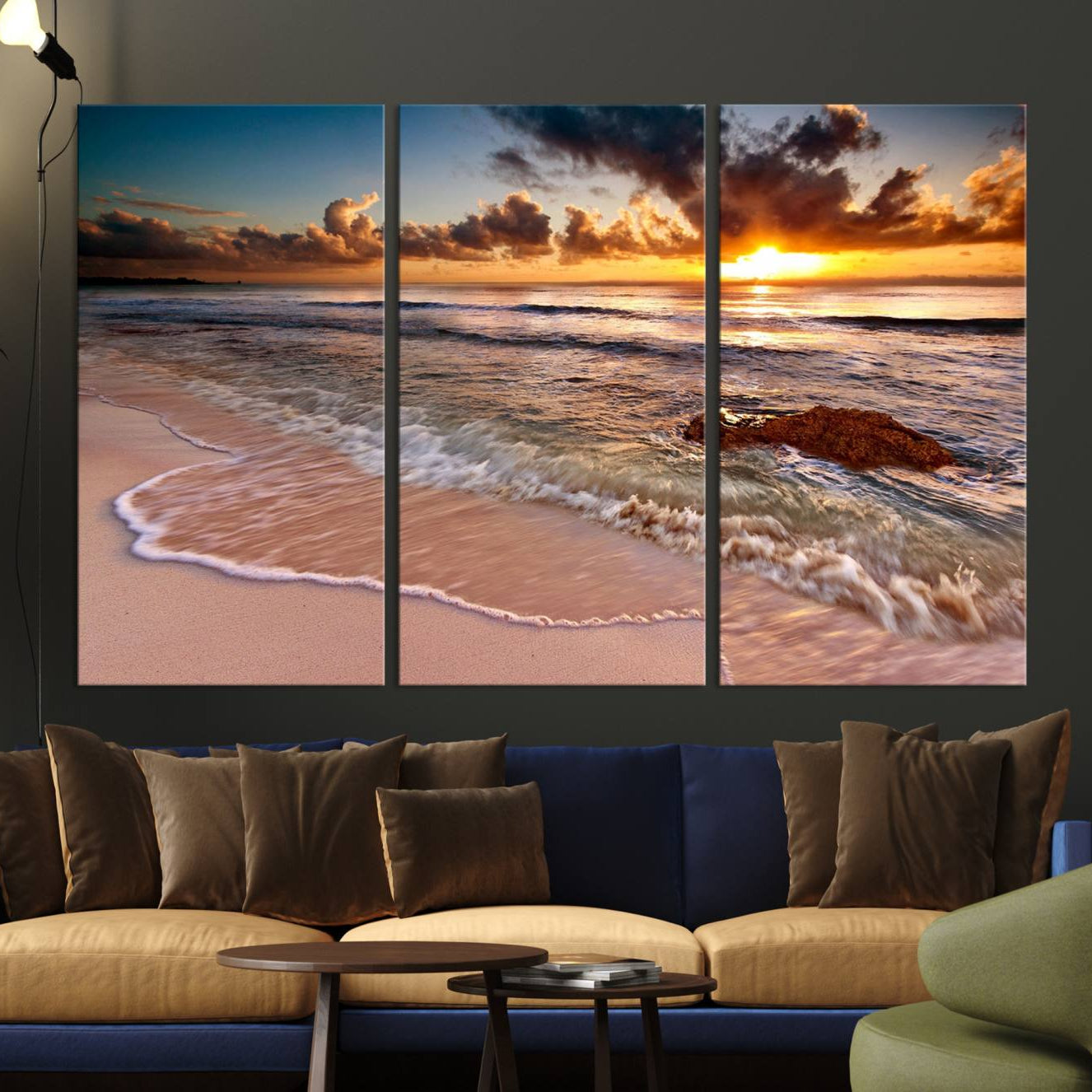-Sunset Beach Canvas Wall Art – Serene Ocean Waves Triptych – Coastal Sunset Decor for Living Room or