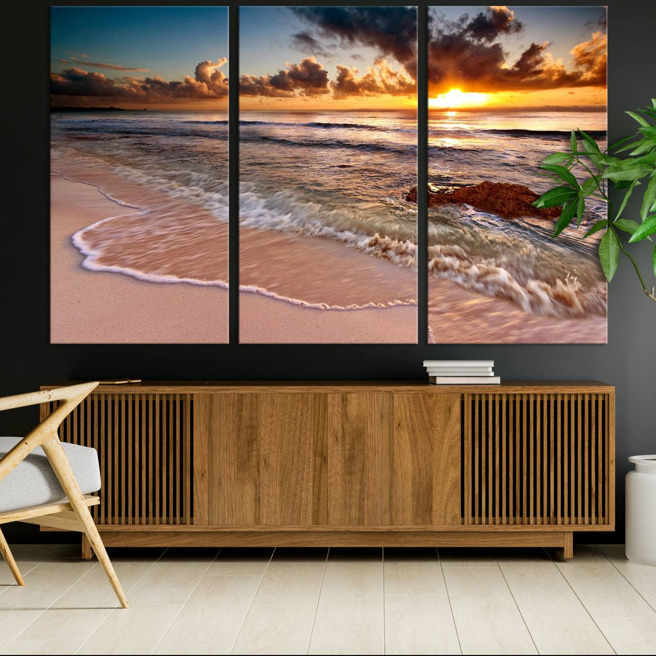 -Sunset Beach Canvas Wall Art – Serene Ocean Waves Triptych – Coastal Sunset Decor for Living Room or