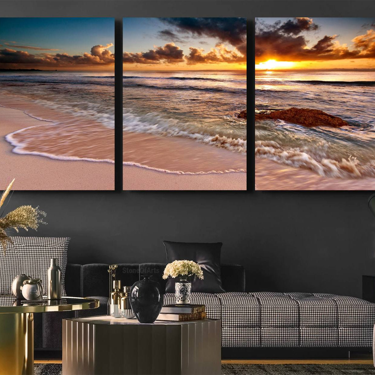 -Sunset Beach Canvas Wall Art – Serene Ocean Waves Triptych – Coastal Sunset Decor for Living Room or