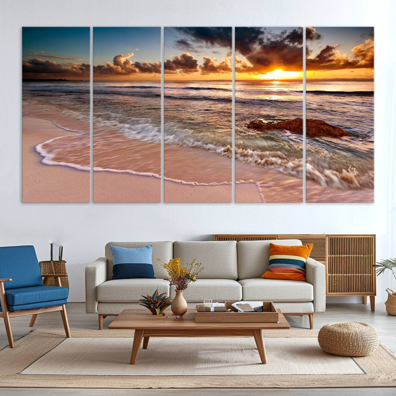 -Sunset Beach Canvas Wall Art – Serene Ocean Waves Triptych – Coastal Sunset Decor for Living Room or