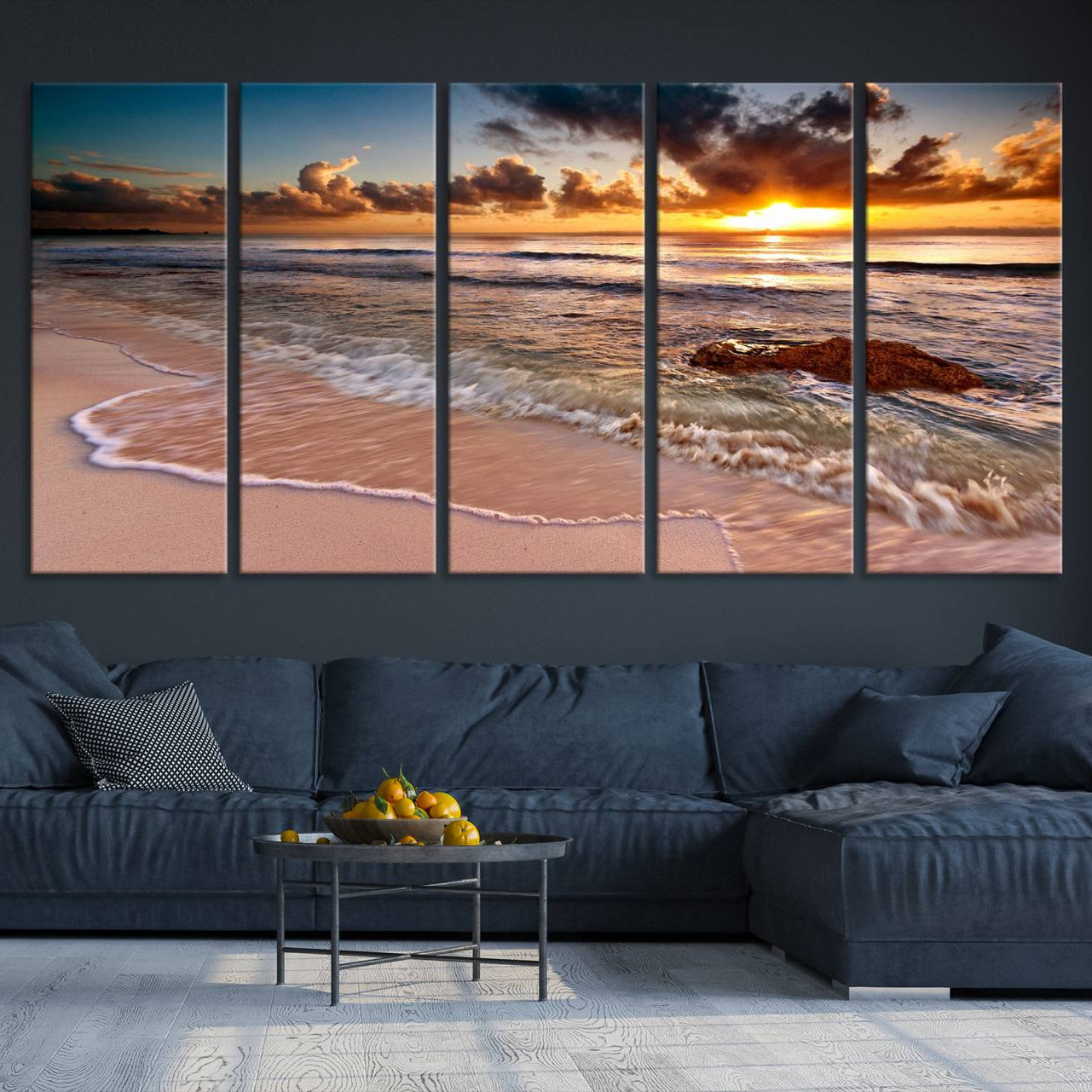 -Sunset Beach Canvas Wall Art – Serene Ocean Waves Triptych – Coastal Sunset Decor for Living Room or