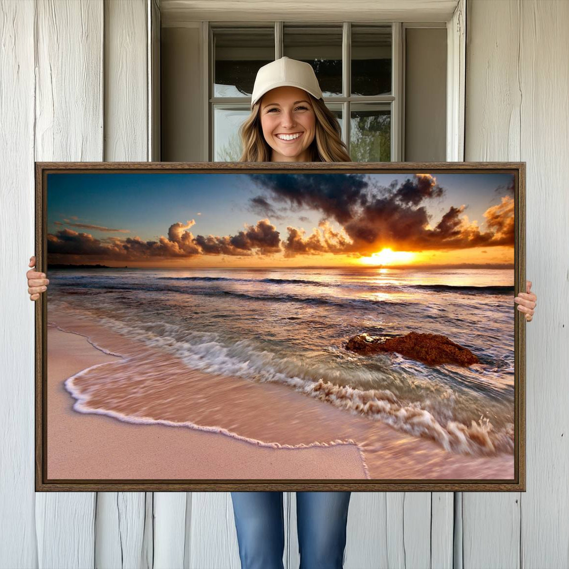 -Sunset Beach Canvas Wall Art – Serene Ocean Waves Triptych – Coastal Sunset Decor for Living Room or