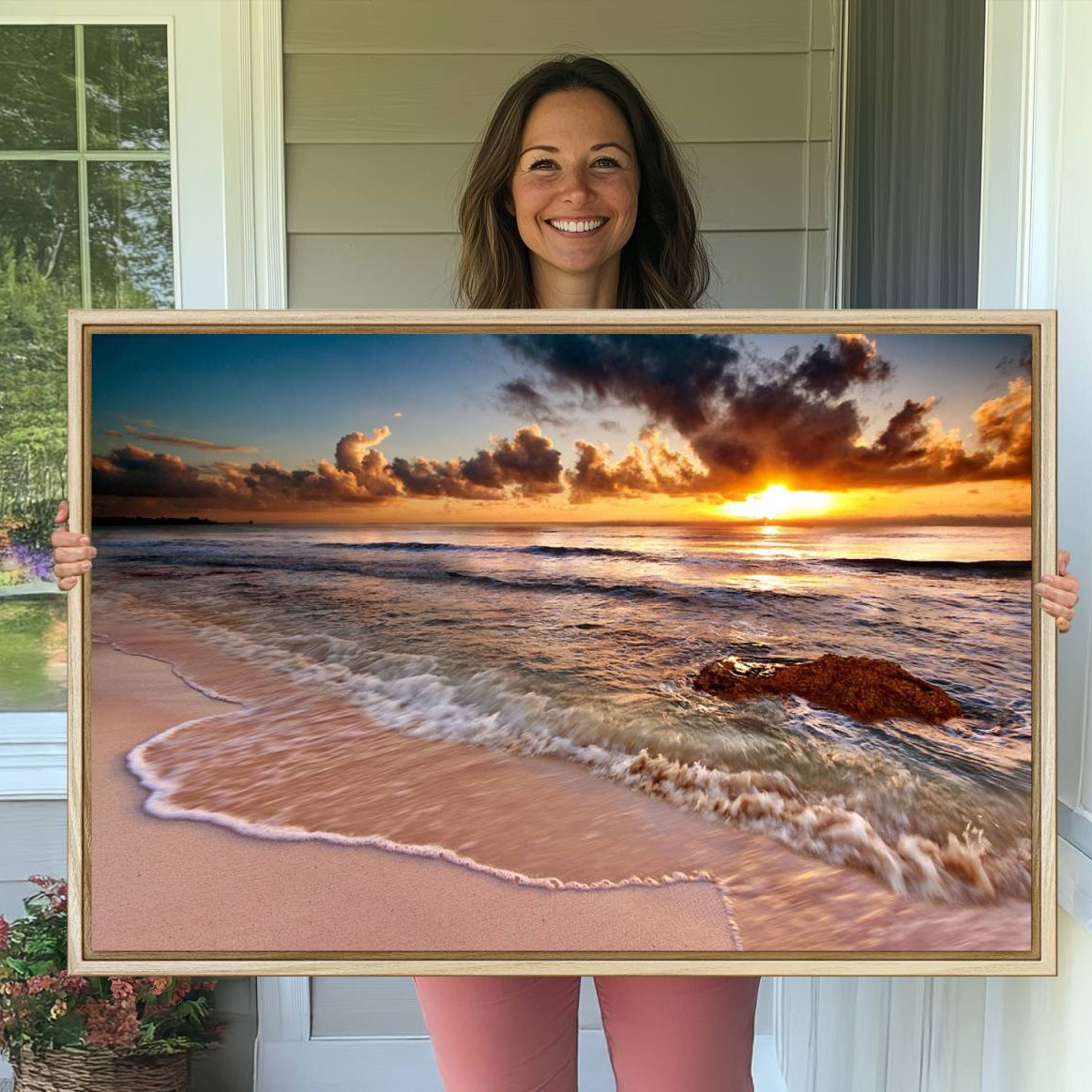 -Sunset Beach Canvas Wall Art – Serene Ocean Waves Triptych – Coastal Sunset Decor for Living Room or