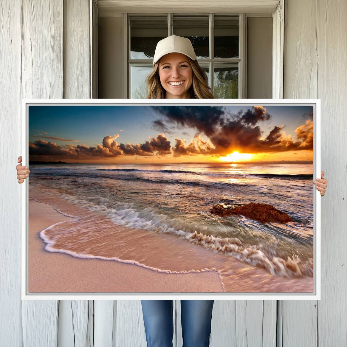 -Sunset Beach Canvas Wall Art – Serene Ocean Waves Triptych – Coastal Sunset Decor for Living Room or