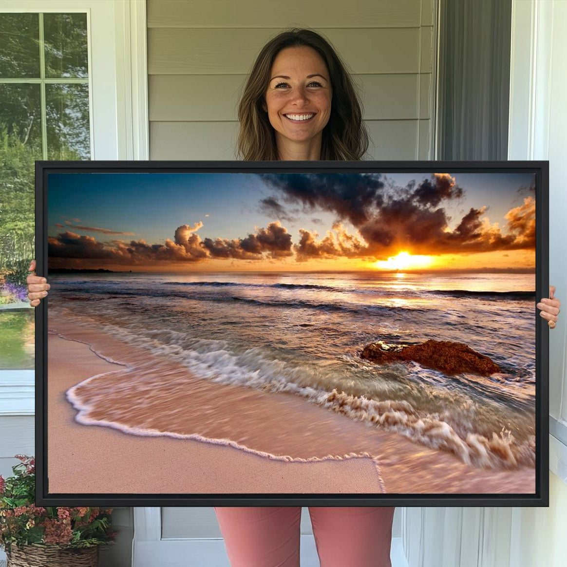 -Sunset Beach Canvas Wall Art – Serene Ocean Waves Triptych – Coastal Sunset Decor for Living Room or