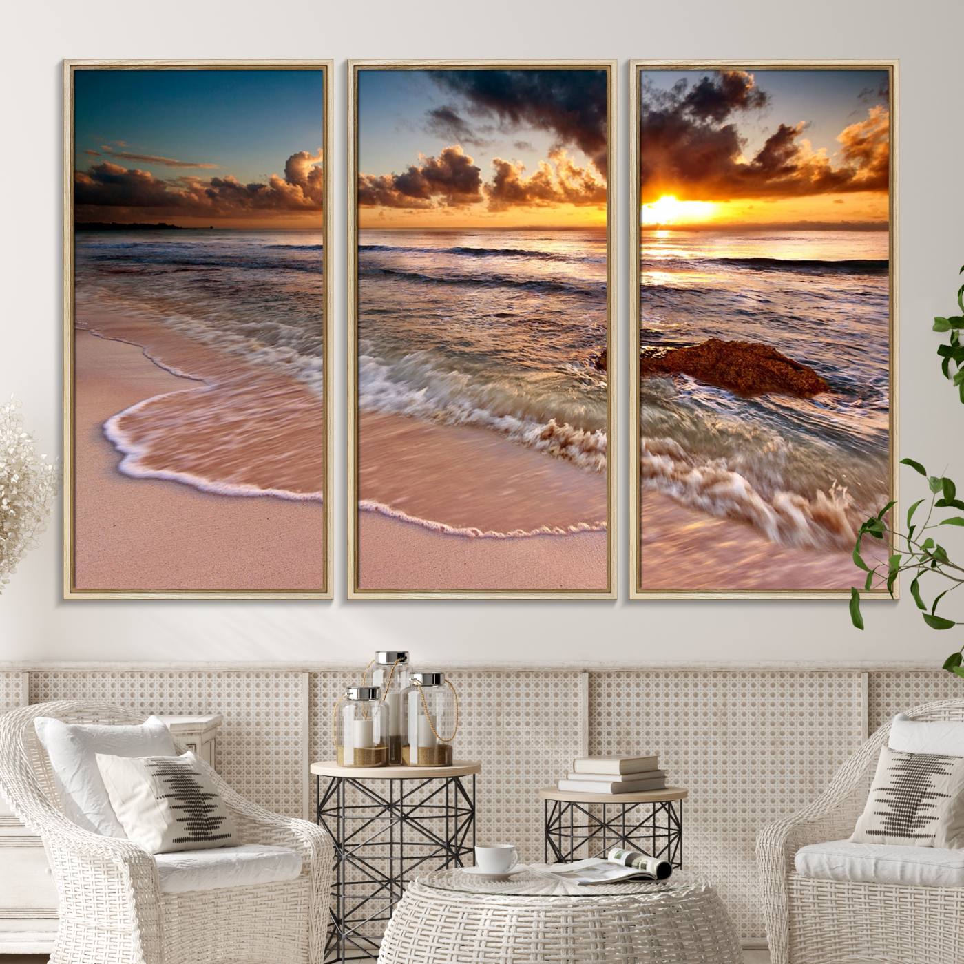 -Sunset Beach Canvas Wall Art – Serene Ocean Waves Triptych – Coastal Sunset Decor for Living Room or