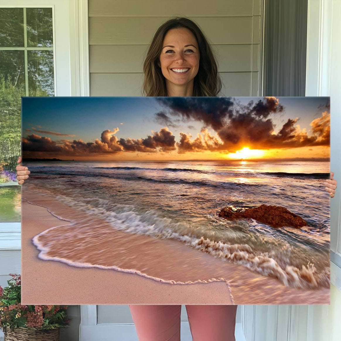 -Sunset Beach Canvas Wall Art – Serene Ocean Waves Triptych – Coastal Sunset Decor for Living Room or