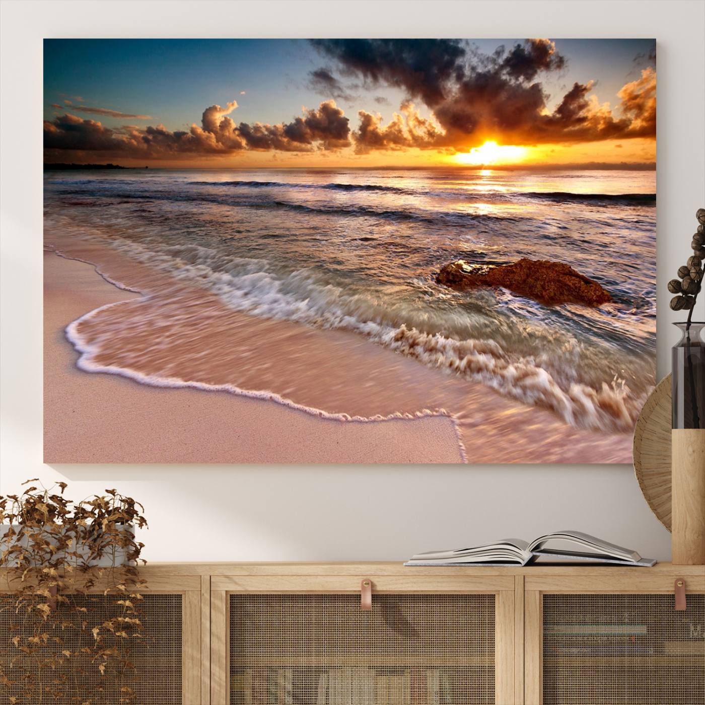 38302-MGV-CV-36X24-Sunset Beach Canvas Wall Art – Serene Ocean Waves Triptych – Coastal Sunset Decor for Living Room or
