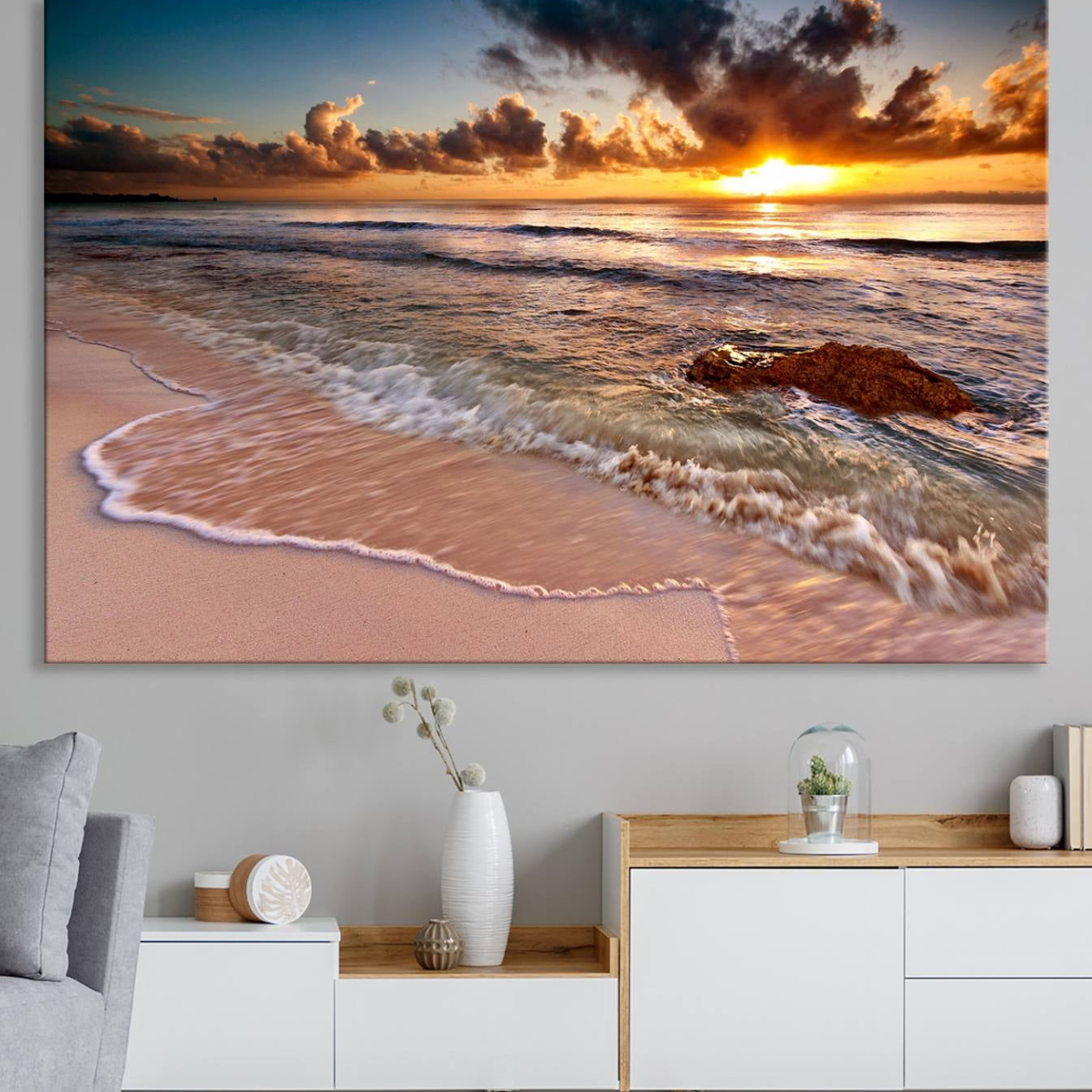 38302-MGV-CV-36X24-Sunset Beach Canvas Wall Art – Serene Ocean Waves Triptych – Coastal Sunset Decor for Living Room or
