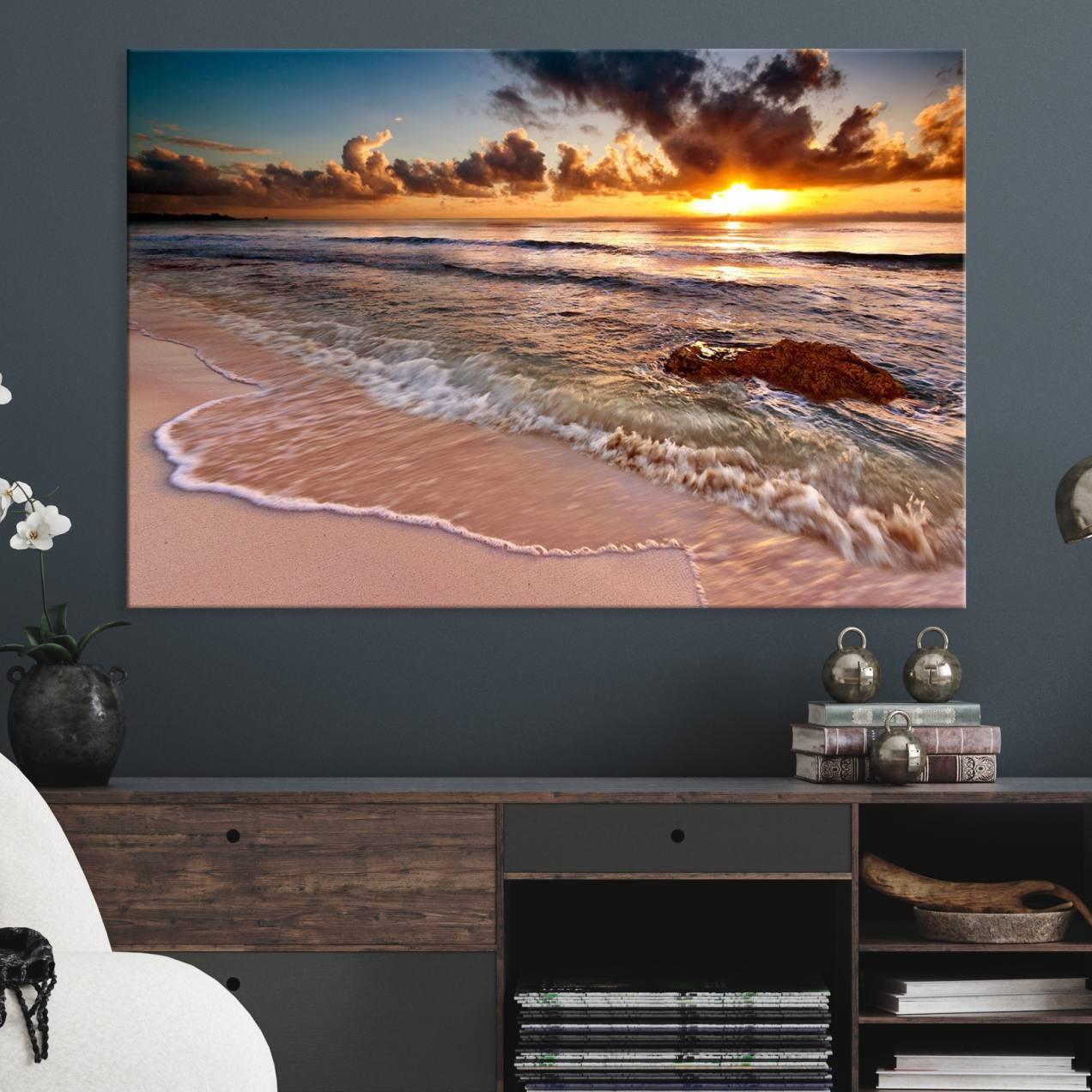 -Sunset Beach Canvas Wall Art – Serene Ocean Waves Triptych – Coastal Sunset Decor for Living Room or