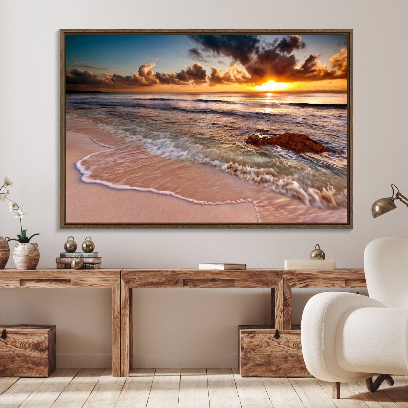 38302-MGV-FC-36X24_Walnut-Sunset Beach Canvas Wall Art – Serene Ocean Waves Triptych – Coastal Sunset Decor for Living Room or