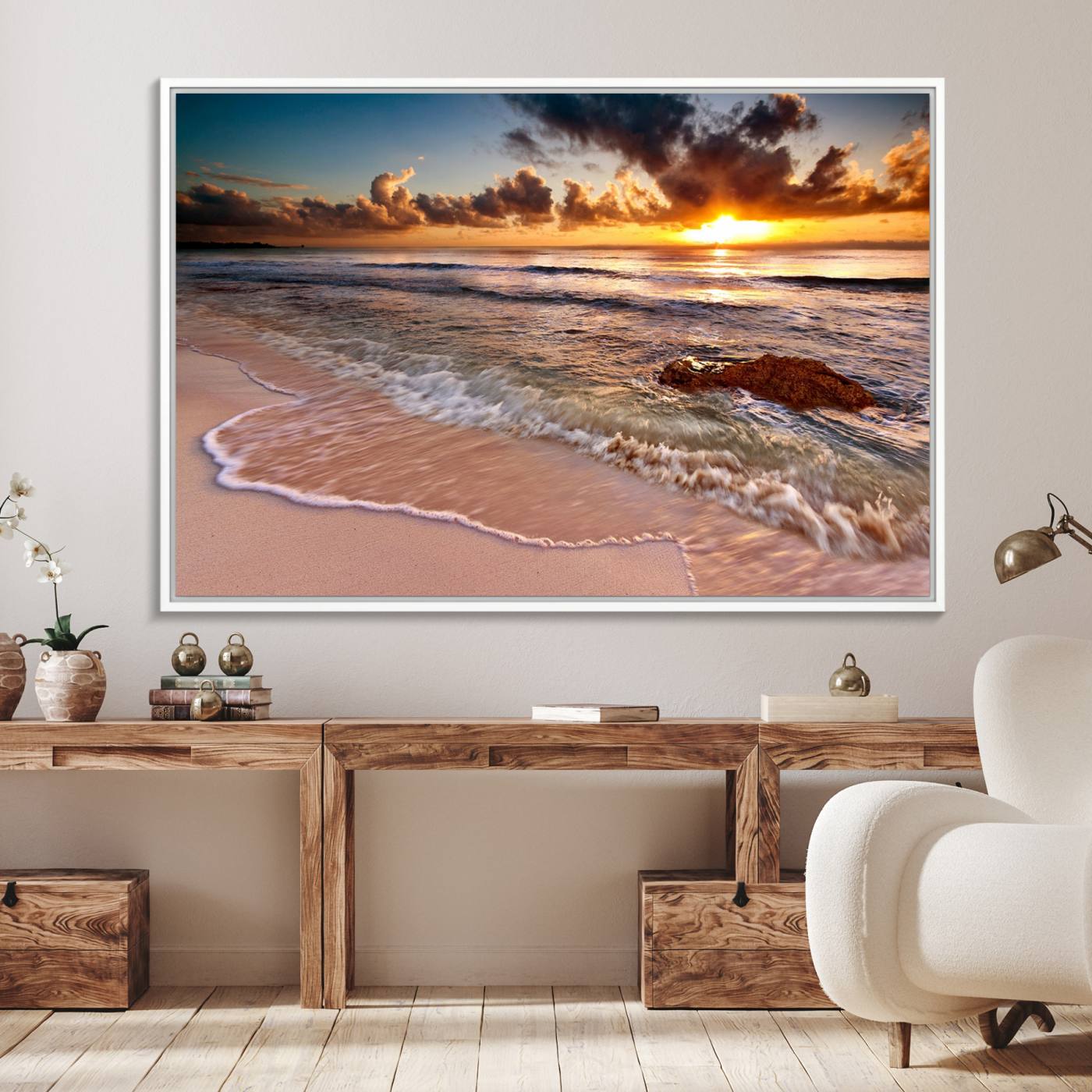 38302-MGV-FC-36X24_White-Sunset Beach Canvas Wall Art – Serene Ocean Waves Triptych – Coastal Sunset Decor for Living Room or